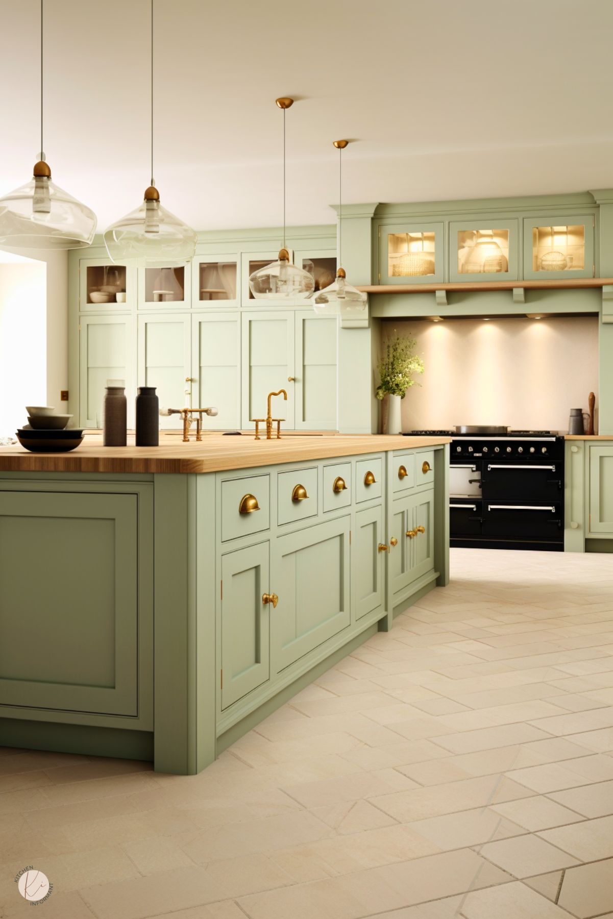 A soft green kitchen with shaker-style cabinetry and brass hardware, creating a fresh and elegant aesthetic. The central island features a butcher block countertop with a gold faucet, complemented by pendant lights with glass shades. Glass-front upper cabinets with warm interior lighting add a sophisticated touch, while a sleek black range provides contrast. Neutral-toned herringbone tile flooring completes the clean, cohesive design.