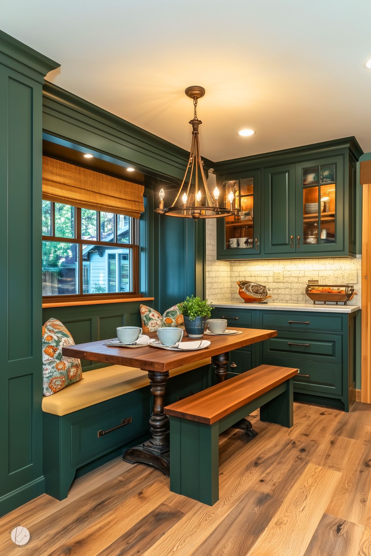 A cozy kitchen nook with dark green cabinetry and a built-in bench featuring patterned cushions. A wooden dining table with a matching bench and pedestal base is paired with rustic decor. A warm chandelier hangs overhead, providing a soft glow, while a window with a bamboo shade brings in natural light. The space includes a backsplash with a brick pattern and glass-front cabinets showcasing tableware, complemented by wood-look flooring.