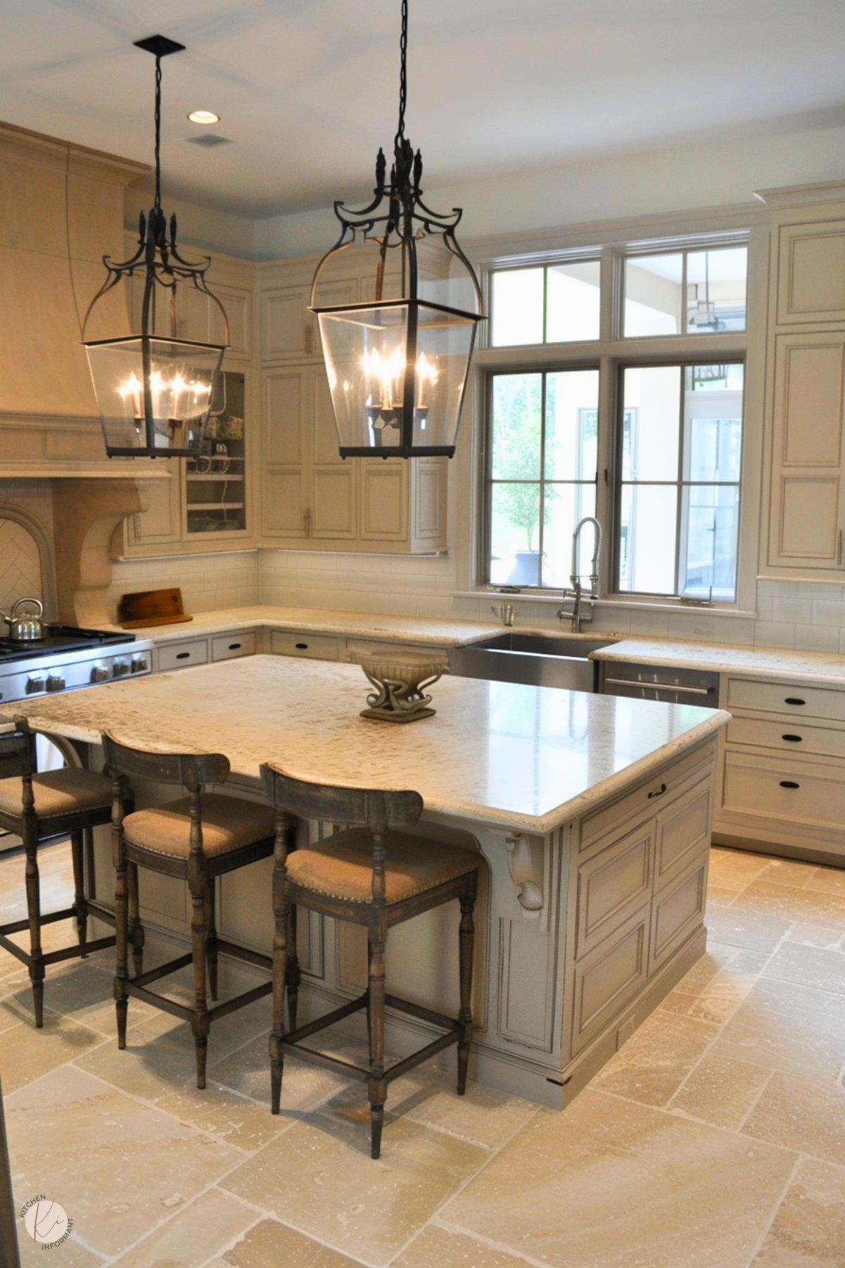 The image shows a traditional greige kitchen with an elegant island featuring detailed paneling and a light stone countertop. Three rustic wooden bar stools with upholstered seats are placed along the island. Overhead, two large lantern-style pendant lights with black frames provide warm illumination. The space includes classic cabinetry, a farmhouse sink, and a stainless steel stove, with light-toned tiled flooring completing the cohesive look.






