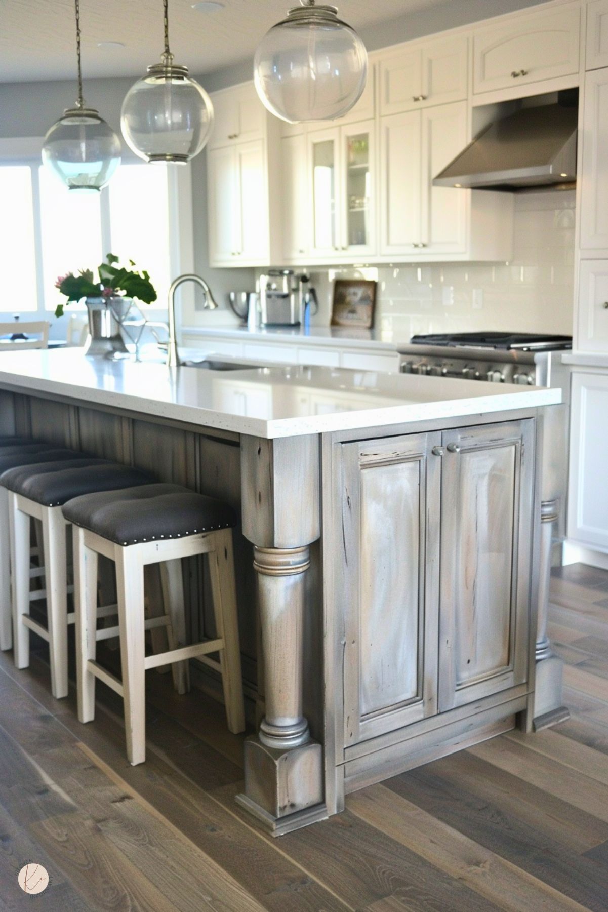 The image features a rustic greige kitchen island with a distressed wood finish and classic detailing, including decorative columns. The island has a white quartz countertop and is paired with upholstered bar stools in a dark gray fabric. Above, three globe pendant lights with clear glass shades provide a modern contrast. The background includes white shaker-style cabinetry, a stainless steel range hood, and a bright, airy feel created by large windows and natural light.