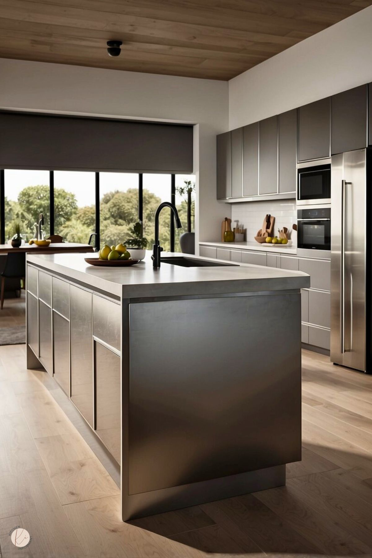 The image displays a modern kitchen with a sleek metallic island featuring a smooth surface and integrated cabinetry. The island includes a black faucet and a bowl of fresh lemons as a centerpiece. The background shows greige cabinetry, a white subway tile backsplash, and stainless steel appliances. A large window with black frames offers a view of greenery, filling the space with natural light, while the wood ceiling and flooring add warmth to the contemporary design.