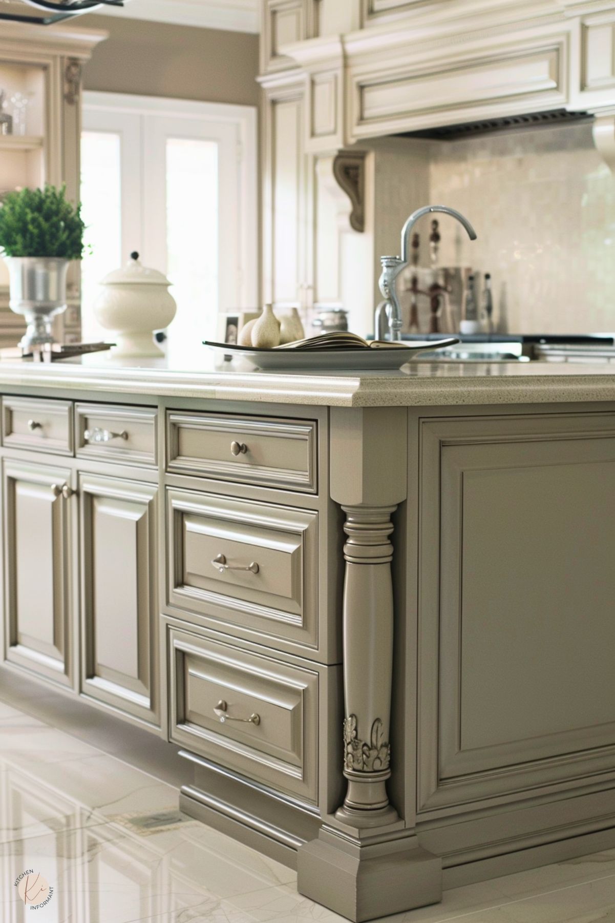 The image showcases a luxurious greige kitchen island with intricate detailing, including decorative molding and a carved column. The island features a speckled stone countertop with a polished silver faucet. The cabinetry includes classic paneling and silver knobs for a refined look. In the background, matching greige cabinetry, a tiled backsplash, and elegant corbels contribute to the traditional and sophisticated design.