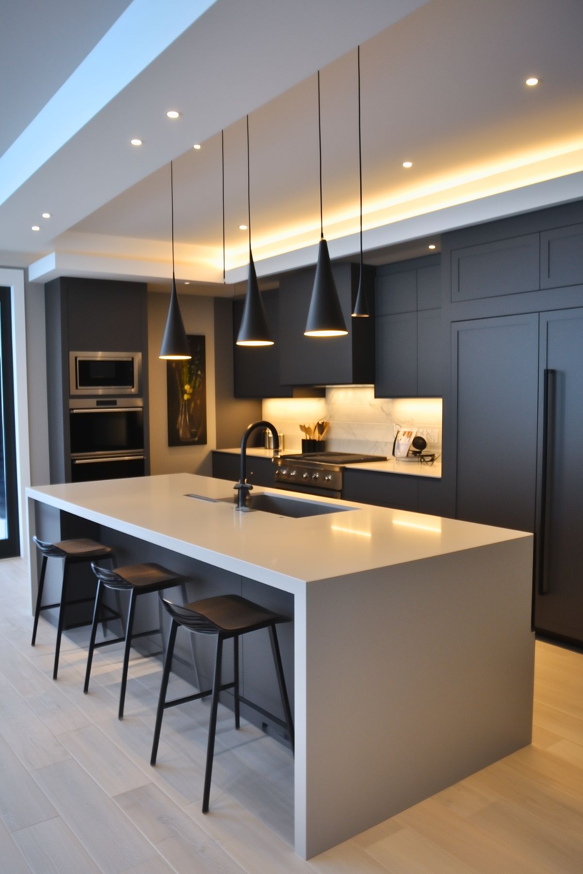 The image features a sleek, modern kitchen with a minimalist design. A large island with a white countertop includes a built-in sink and is paired with black bar stools. Above the island, several black pendant lights hang at varying heights, creating a dramatic effect. The cabinetry and appliances are matte black, complemented by a marble backsplash and warm under-cabinet lighting. Light wood flooring adds contrast and warmth to the space.