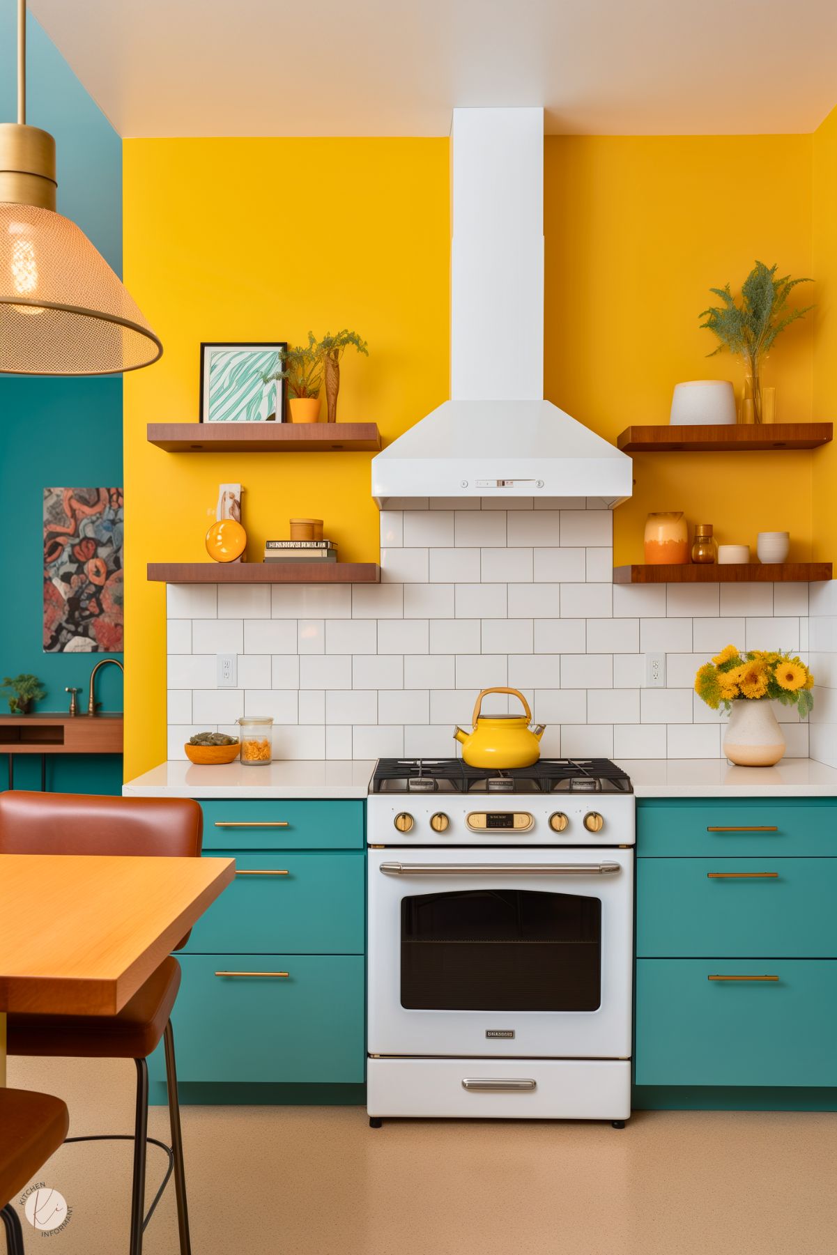 A modern kitchen with teal lower cabinets, a bold yellow accent wall, and a white subway tile backsplash. A vintage-style white stove with gold details sits between floating wooden shelves. A yellow teapot, fresh sunflowers, and warm wood tones add charm.