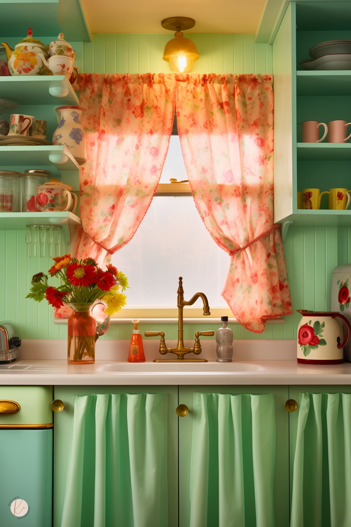 A vintage kitchen with mint green cabinetry, floral curtains, and a brass faucet. Open shelves display colorful dishware, while a ruffled sink skirt adds charm. A soft glow from a retro light fixture enhances the cozy feel, complemented by fresh flowers on the countertop.