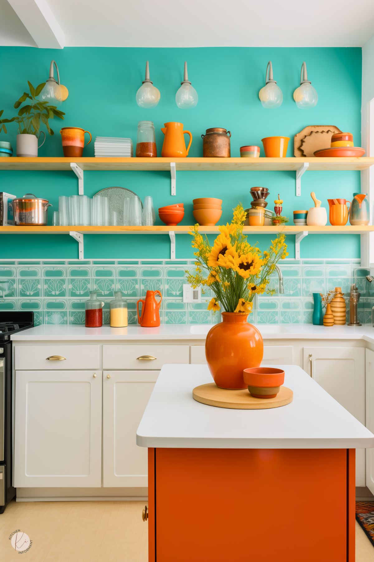 A vibrant kitchen with turquoise walls, open wooden shelves, and a retro-patterned backsplash. White lower cabinets contrast with an orange island. Bright orange and yellow dishware, along with a sunflower-filled vase, add warmth. Glass pendant lights hang above, enhancing the cheerful, eclectic style.