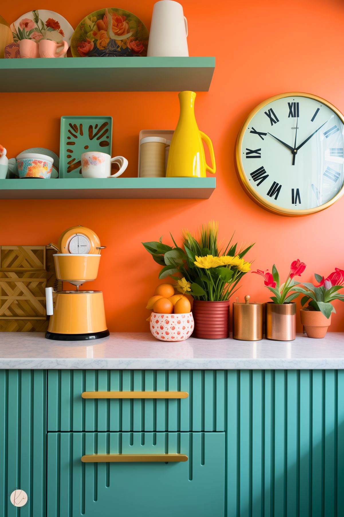 A bold kitchen with an orange wall, teal cabinets with gold handles, and open shelves displaying colorful dishware. A vintage-style yellow coffee maker sits on a white countertop, alongside fresh oranges and potted flowers. A gold-rimmed clock adds a retro touch.