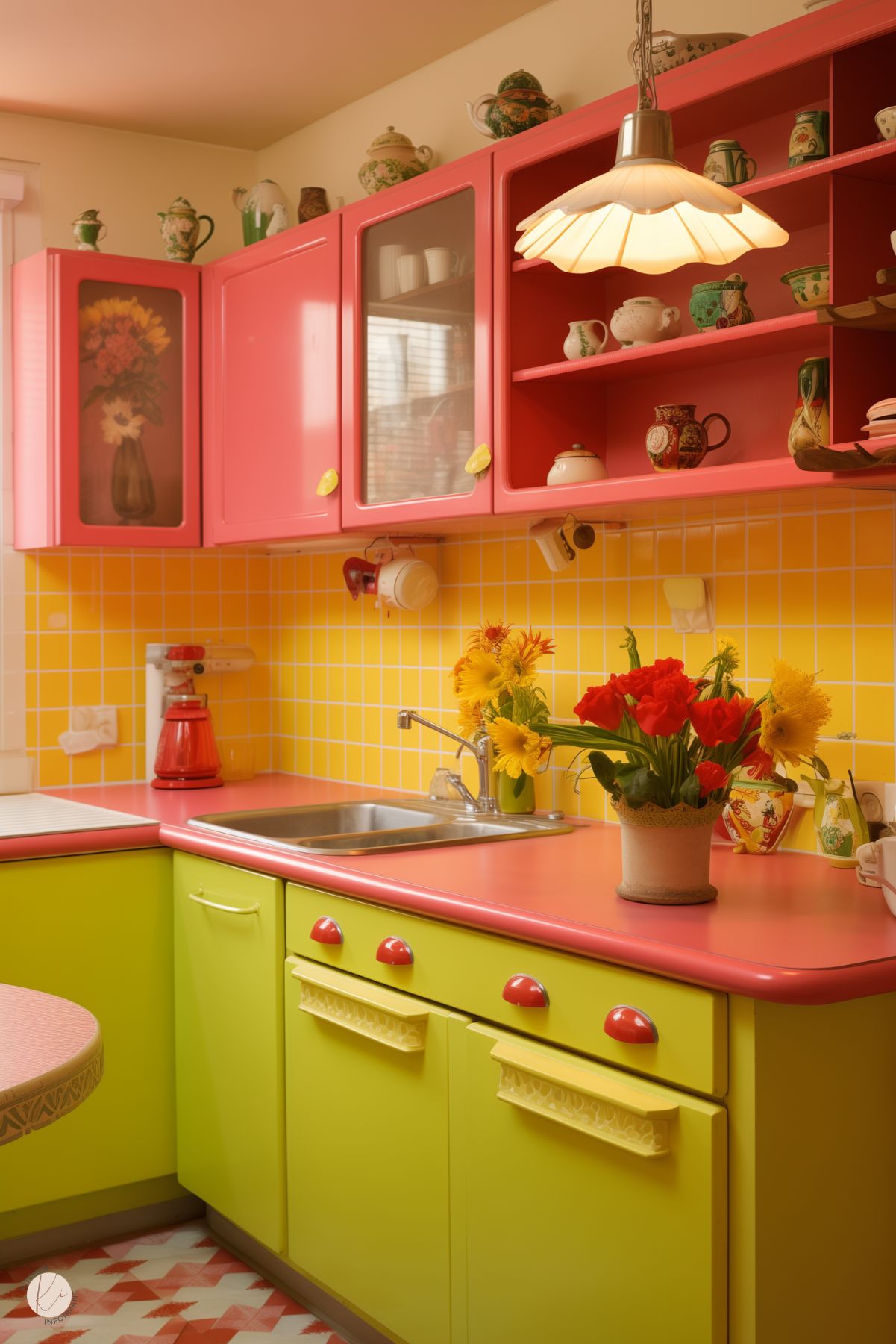 A retro kitchen with pink upper cabinets, lime green lower cabinets, and a yellow tile backsplash. The pink countertop adds a playful touch, while vintage teapots and dishware line open shelves. A pendant light hangs above the sink, with fresh flowers bringing warmth to the space.