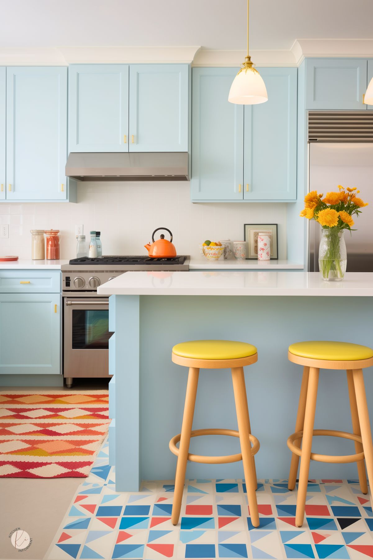 A bright kitchen with pastel blue cabinets, white countertops, and yellow barstools. Geometric-patterned floor tiles add a playful touch, while a warm-toned rug complements the space. Stainless steel appliances, an orange teapot, and fresh yellow flowers bring warmth and contrast.