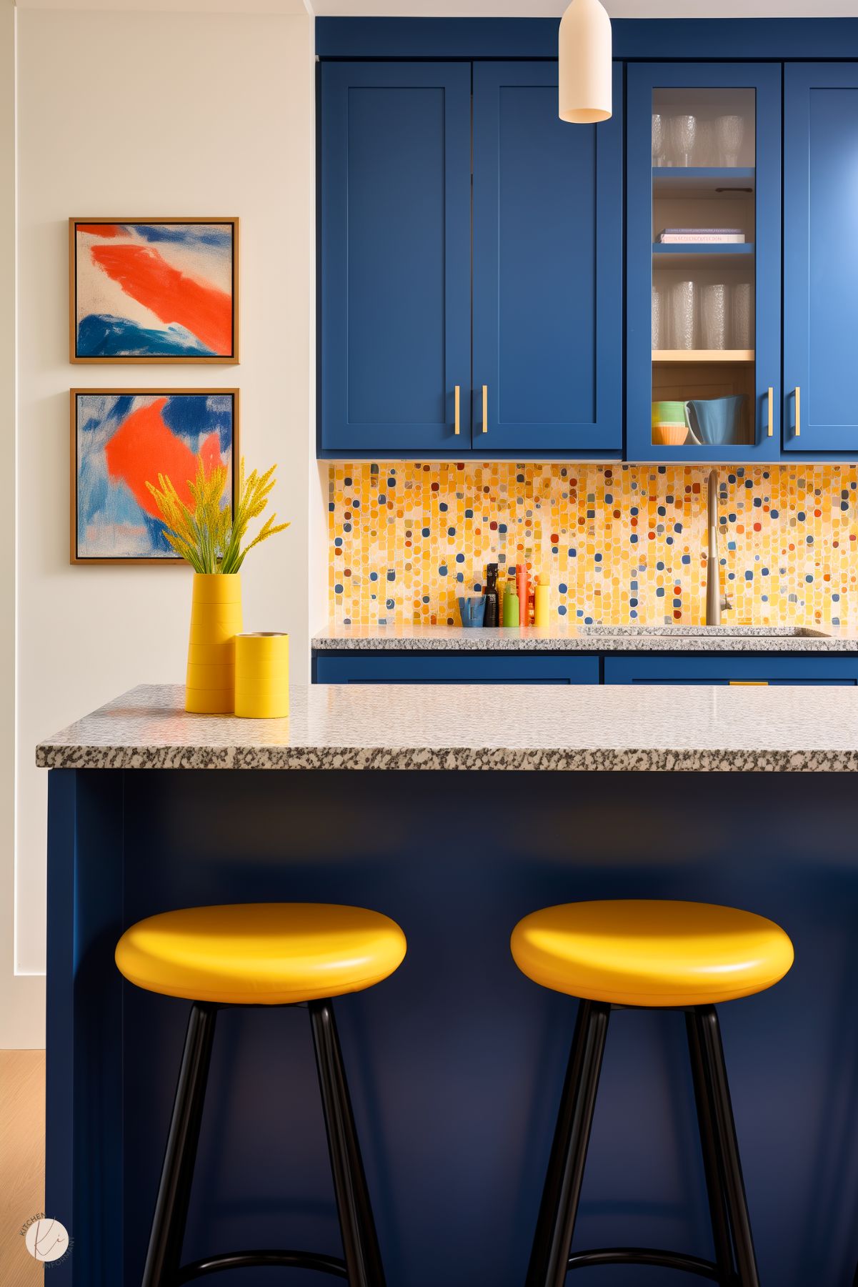 A bold kitchen with deep blue cabinets, gold hardware, and a yellow mosaic tile backsplash. A speckled granite countertop extends into a navy island with bright yellow barstools. Abstract artwork in blue, orange, and white adds a modern touch. A yellow vase with greenery completes the vibrant look.