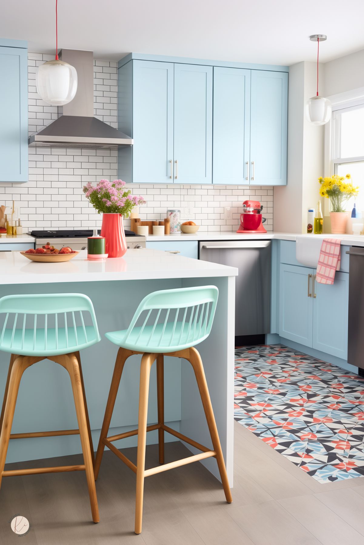 A bright kitchen with pastel blue cabinets, a white subway tile backsplash, and a large island with matching barstools. Red accents, including a mixer and vase, contrast with the light tones. A geometric-patterned floor adds a playful touch, while pendant lights and natural light enhance the airy feel.