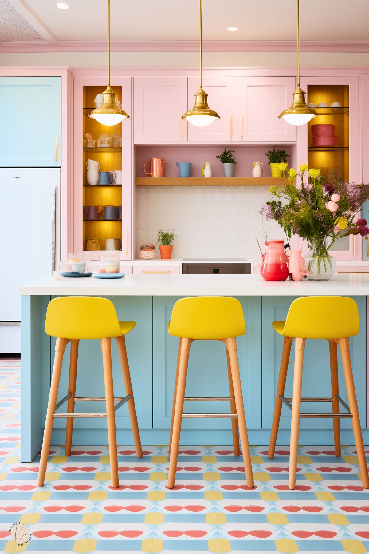 A pastel kitchen with pink upper cabinets, a blue island, and yellow barstools. Gold pendant lights hang above the white countertop, while open shelving displays colorful dishware. A patterned floor adds a playful touch, complemented by fresh flowers and vintage decor.