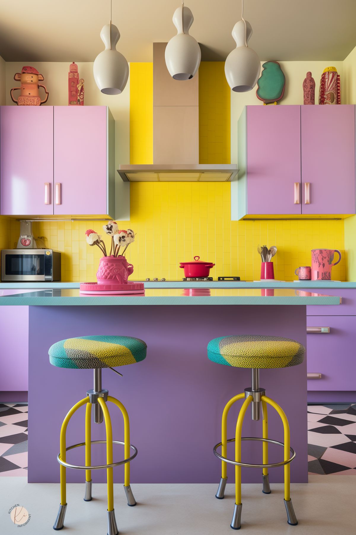 A playful kitchen with pastel purple cabinets, a bright yellow tile backsplash, and a glossy turquoise countertop. Yellow barstools with multicolored cushions sit at the island. White pendant lights hang above, while pink and red decor accents add a retro touch.