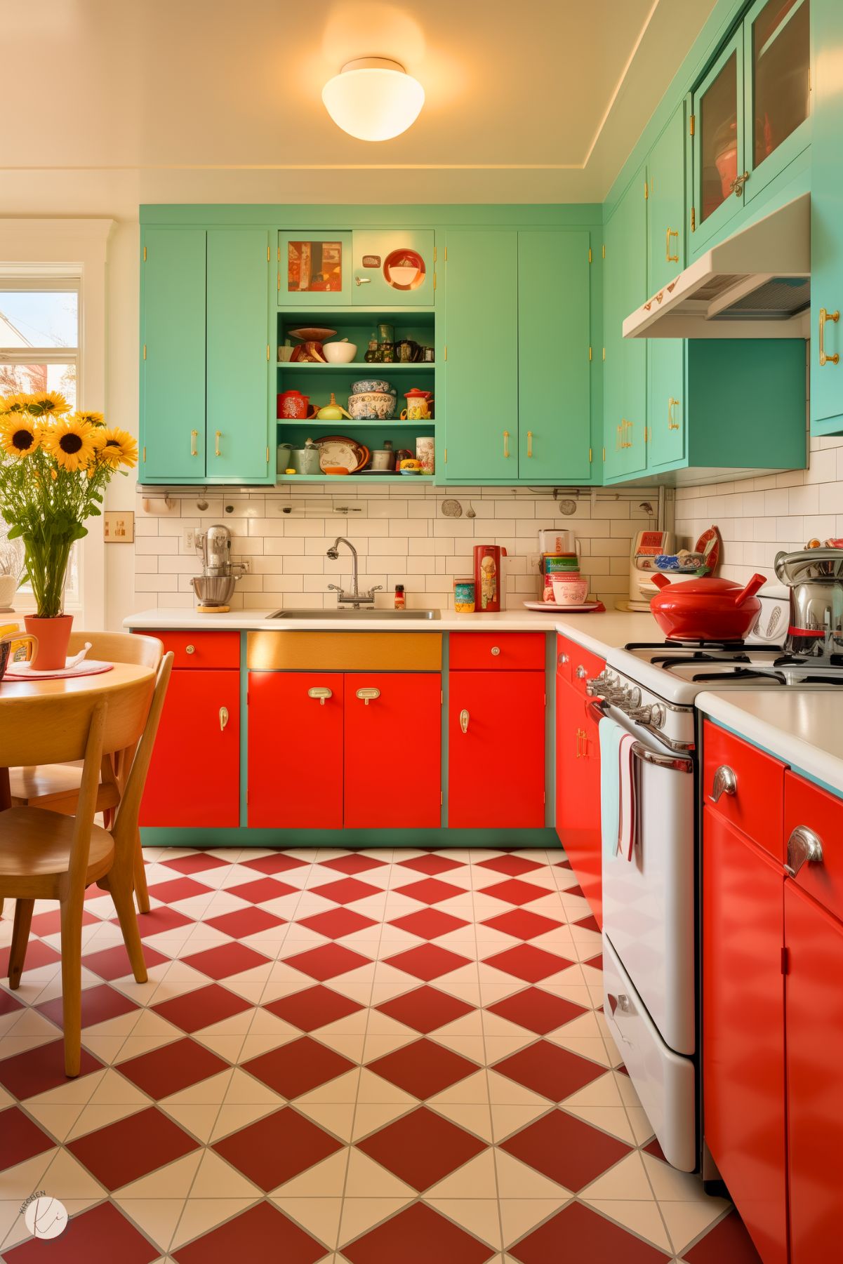 A retro kitchen with turquoise upper cabinets, red lower cabinets, and gold hardware. A white subway tile backsplash contrasts with vintage dishware on open shelves. A red and white checkered floor enhances the nostalgic feel, while a wooden dining set and sunflowers add warmth.