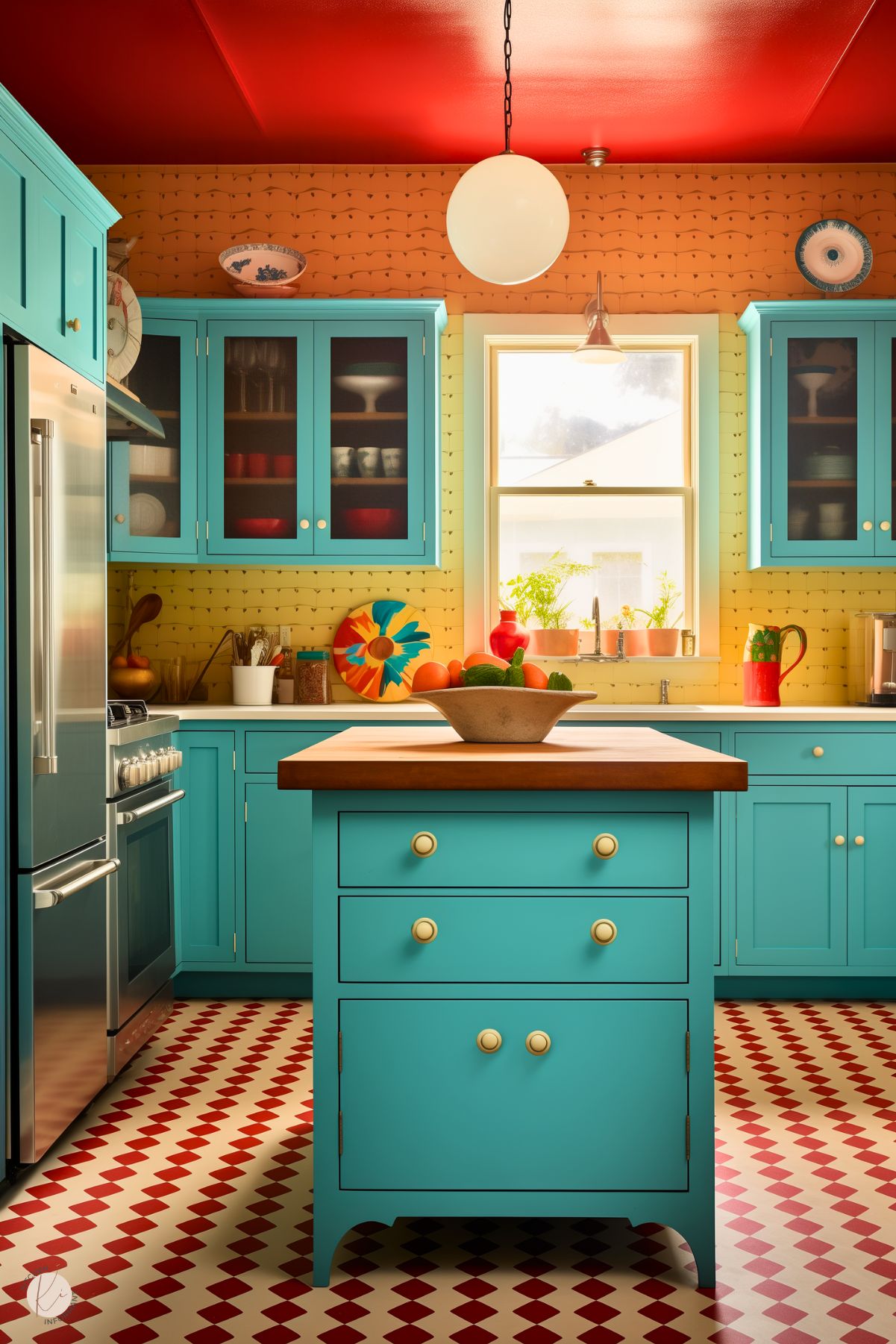 A bold kitchen with turquoise cabinets, a red ceiling, and yellow patterned walls. A wood-topped island sits in the center, surrounded by a red and white checkered floor. Glass-front cabinets display colorful dishware, while potted plants and bright accents add warmth. A round pendant light hangs above.