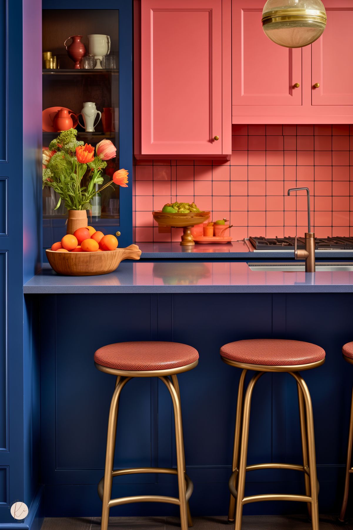 A bold kitchen with navy blue lower cabinets, coral pink upper cabinets, and a matching pink tiled backsplash. Gold hardware and barstools add warmth, while fresh oranges and flowers bring vibrancy. A glass-front cabinet displays colorful dishware, enhancing the retro-inspired design.