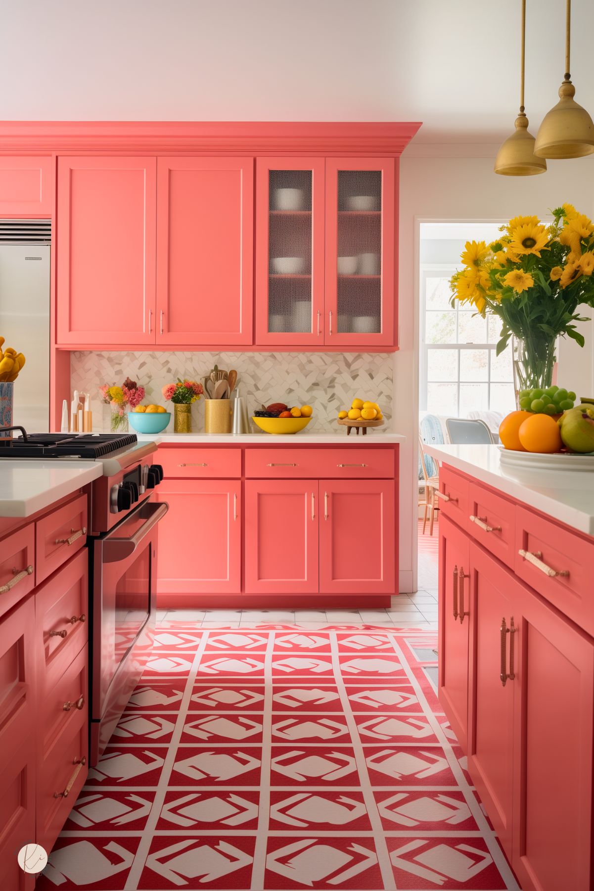 A bold kitchen with coral pink cabinets, gold hardware, and a white geometric tile backsplash. A patterned red and white floor enhances the retro feel. Brass pendant lights hang above the white countertops, while fresh sunflowers and colorful fruit add warmth.