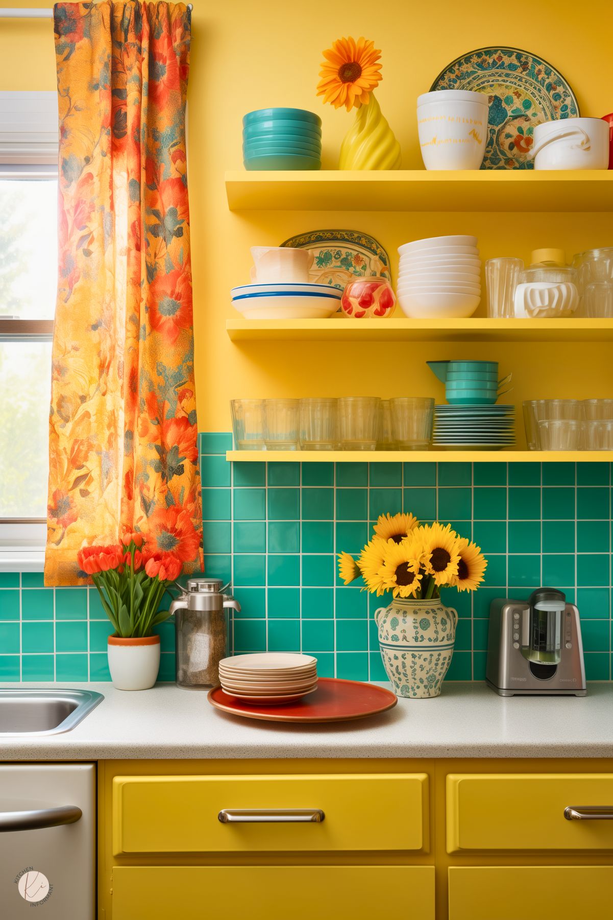 A vibrant kitchen with yellow cabinets, open shelves, and a teal tile backsplash. Bright floral curtains frame a window, while sunflowers and red tulips add warmth. Vintage dishware in blue, white, and yellow is neatly arranged on the shelves. A retro-style coffee maker sits on the white countertop.