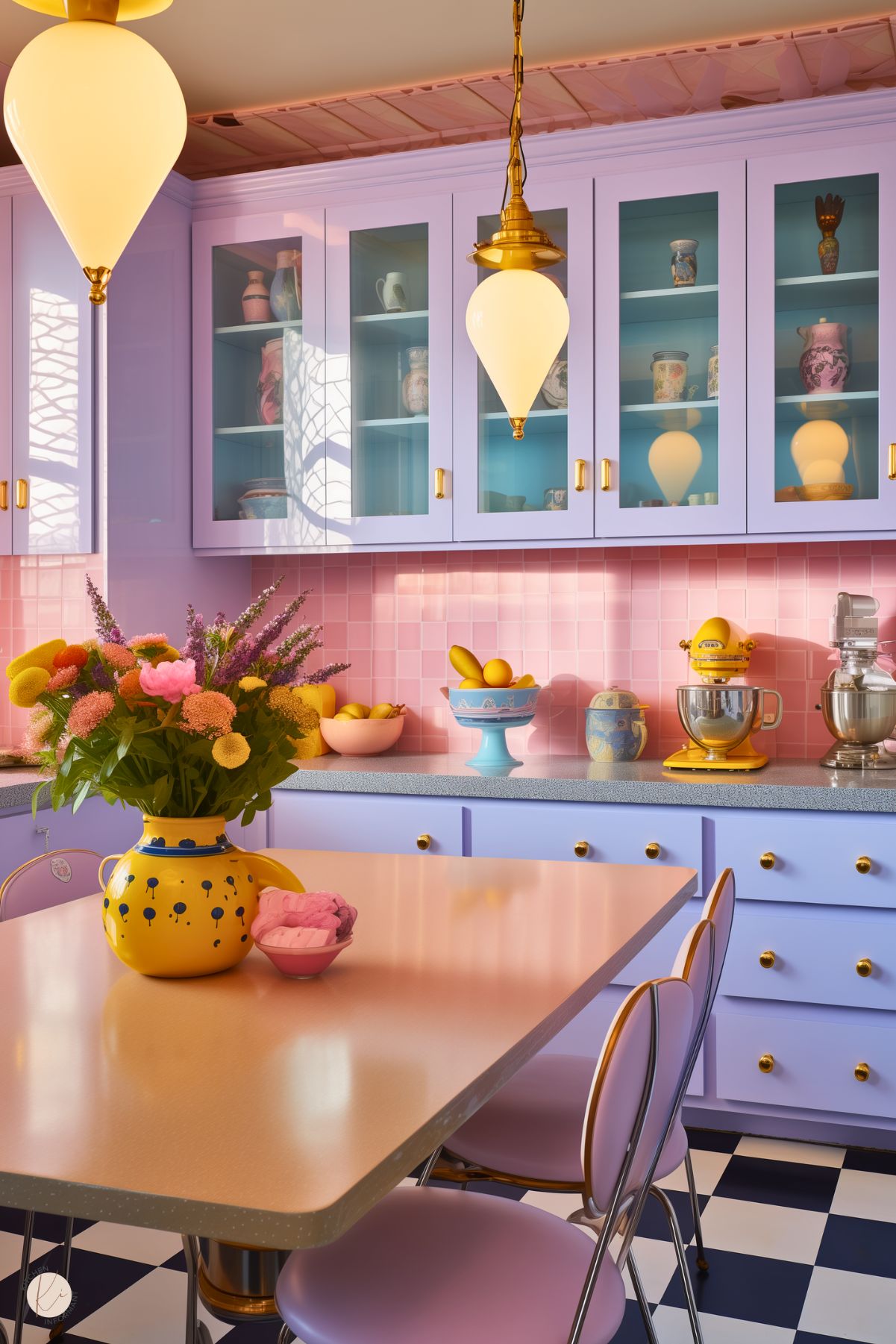 A pastel kitchen with lavender cabinets, gold hardware, and a pink tiled backsplash. Glass-front cabinets display vintage dishware, while a retro dining table with pink chairs sits in the center. Yellow pendant lights, fresh flowers, and a checkered black-and-white floor add charm.