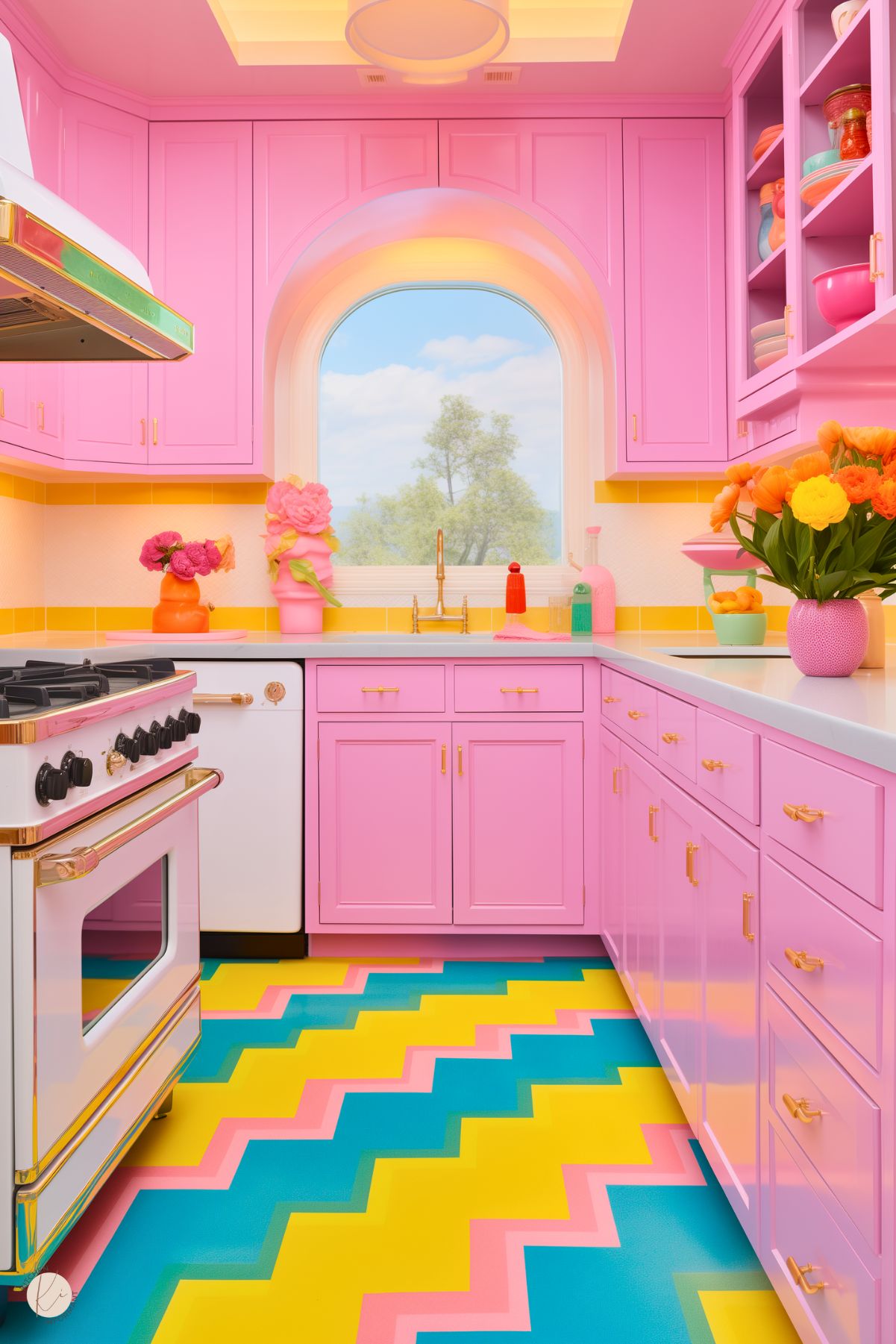 A vibrant kitchen with glossy pink cabinets, gold hardware, and a bold zigzag floor in yellow, pink, and blue. An arched window lets in natural light, while colorful dishware and fresh flowers decorate the space. A retro white stove with gold accents completes the playful look.