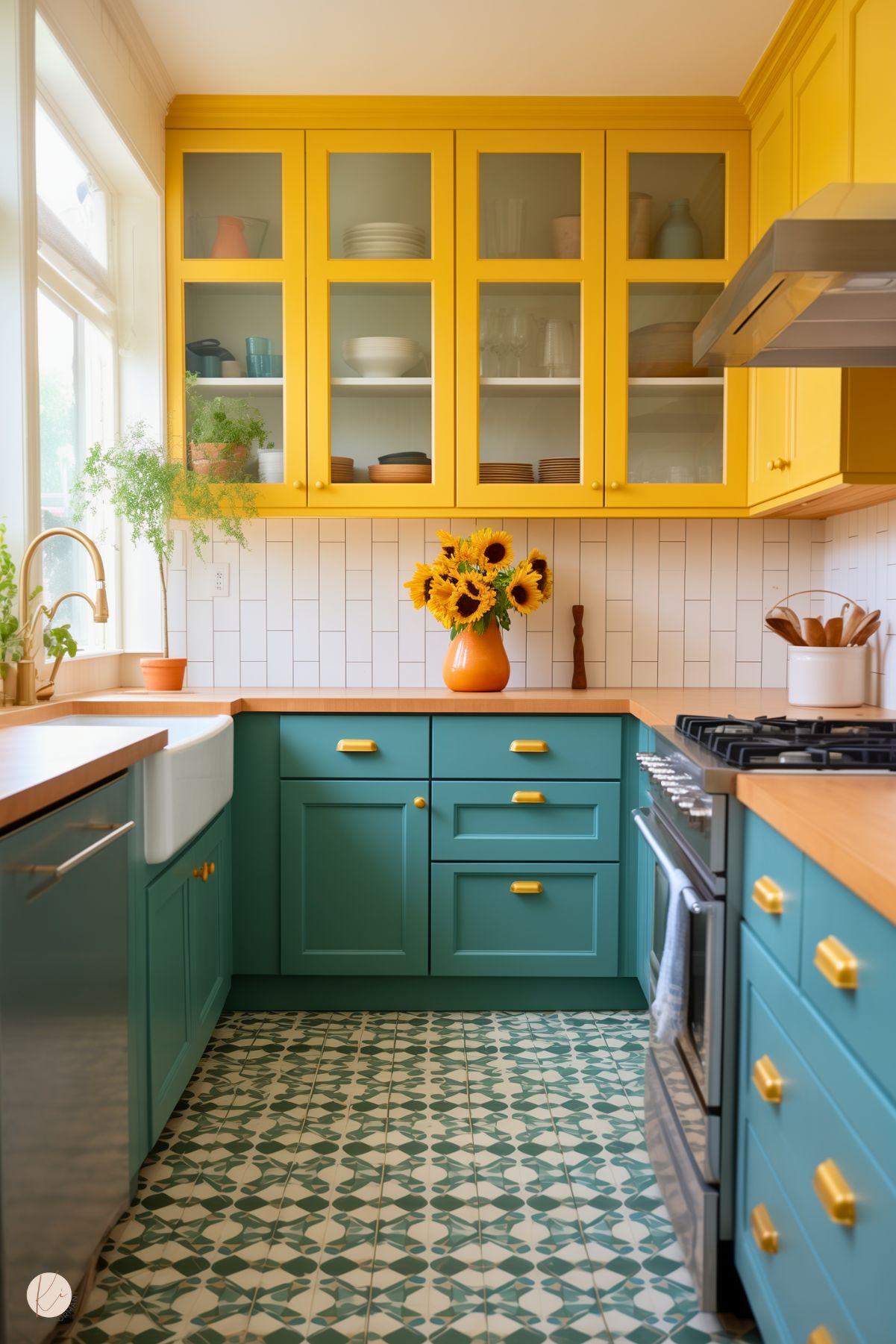 Bright yellow upper cabinets with glass panels, teal lower cabinets with gold hardware, and a light wood countertop. A white subway tile backsplash, farmhouse sink, and potted plants by the window. A bouquet of sunflowers in an orange vase adds warmth. The floor features green and white patterned tiles.