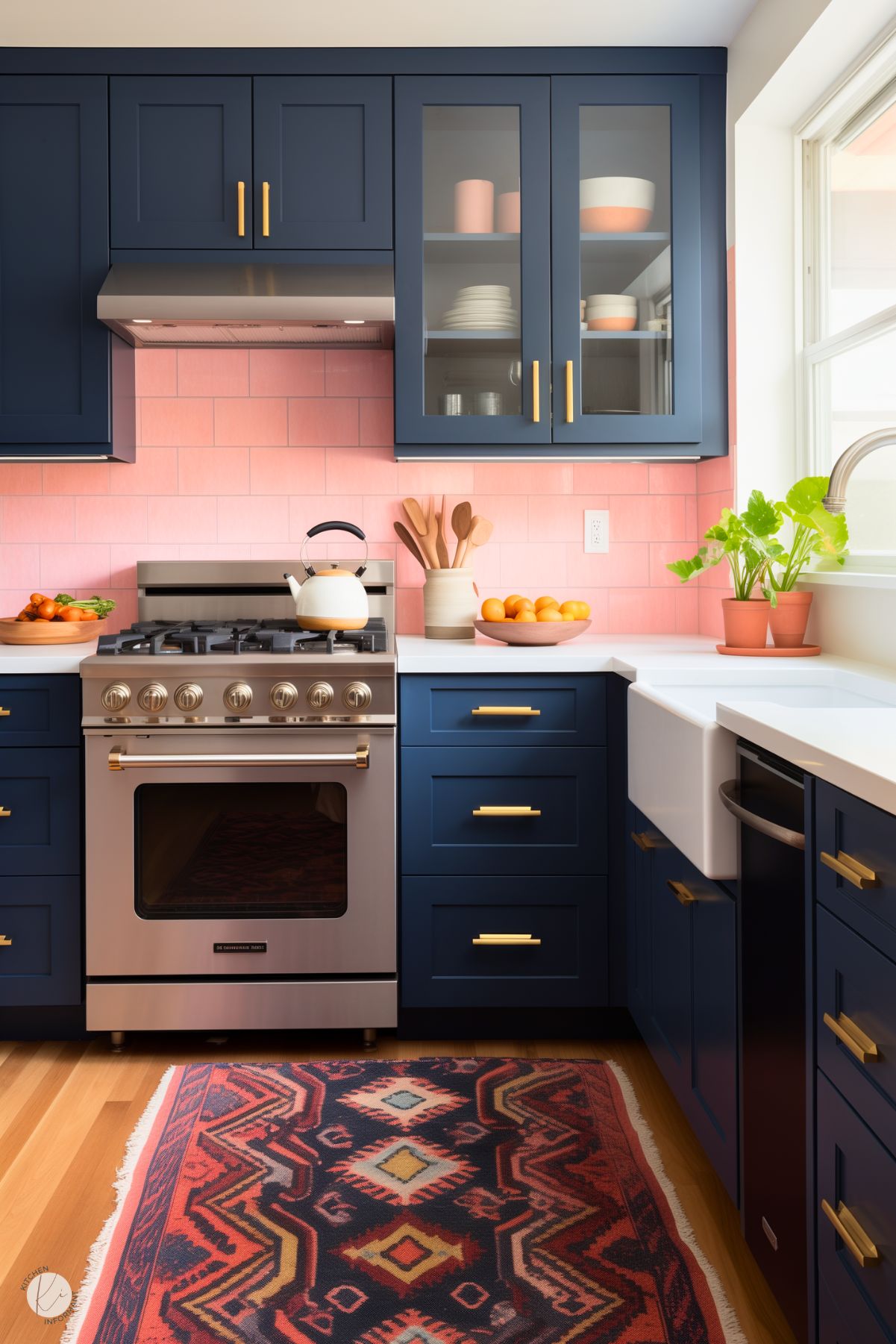 Navy blue cabinets with gold hardware, a pink tile backsplash, and white countertops. A farmhouse sink sits under a bright window with potted plants. A stainless steel stove is centered, with wooden utensils and bowls of fruit on the counter. A patterned rug adds warmth to the wood floor.