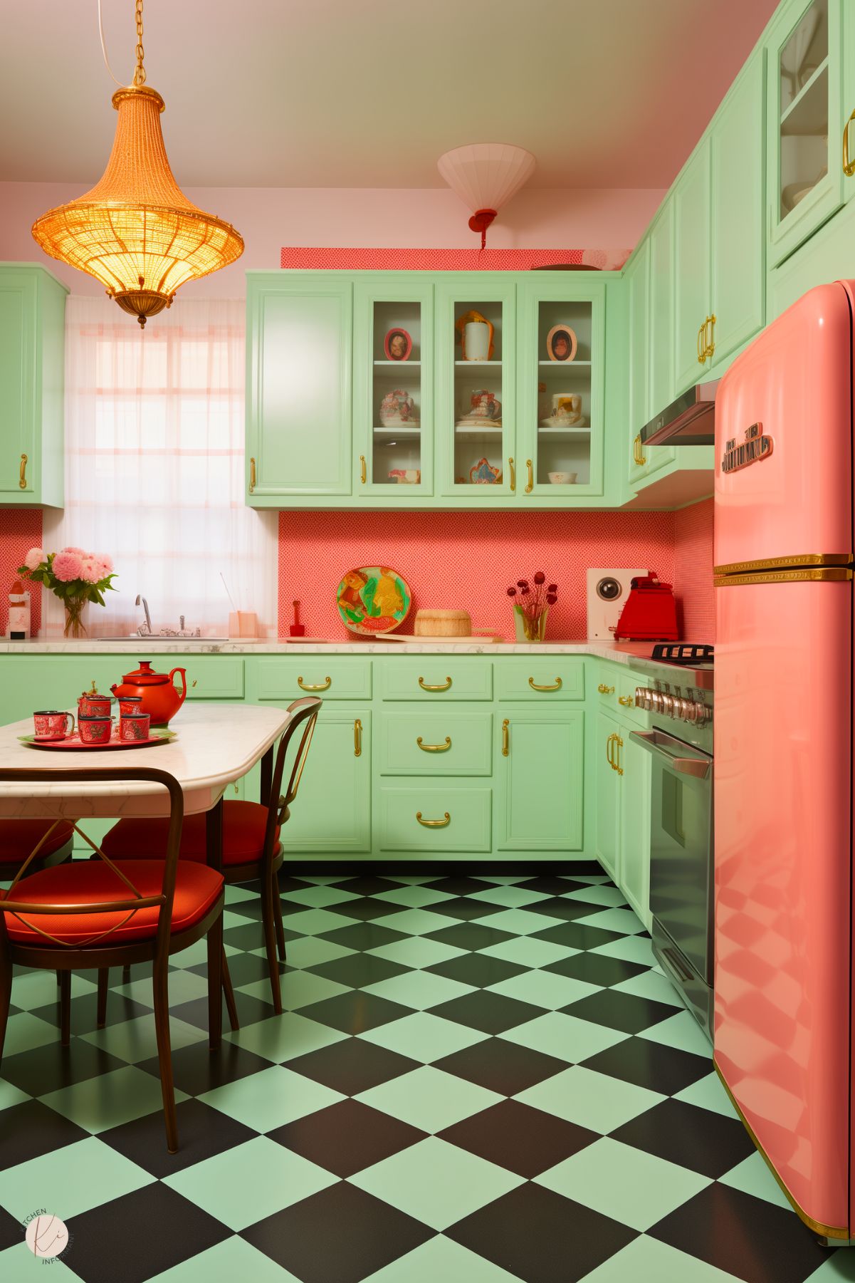 A retro kitchen with mint green cabinets, gold hardware, and a pink backsplash. A pastel pink refrigerator and a black-and-mint checkerboard floor enhance the vintage feel. A white dining table with red chairs sits under a woven pendant light. Red accents, including a teapot and flowers, add warmth.