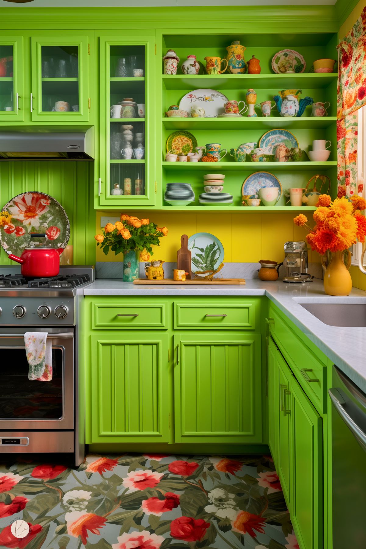 A bold kitchen with bright green cabinets, yellow walls, and open shelves filled with colorful dishware. A floral-patterned floor and matching curtains add charm. A red teapot sits on a stainless steel stove, while fresh orange flowers and decorative plates enhance the lively, vintage-inspired space.