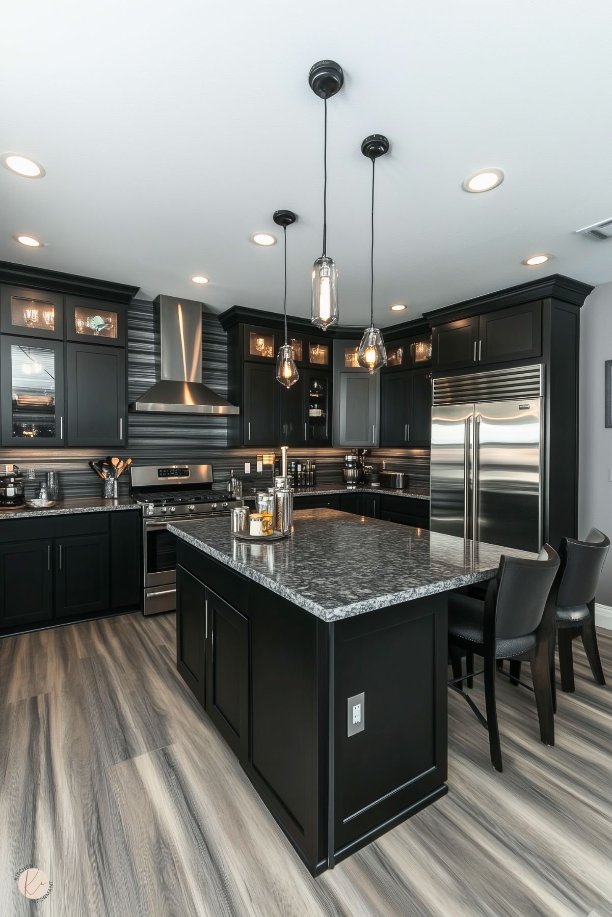 A sophisticated kitchen featuring black cabinetry with glass-paneled upper sections, a sleek stainless steel range hood, and a matching double-door refrigerator. The granite countertops add texture, while the gray wood-look flooring complements the modern aesthetic. Pendant lights with Edison bulbs hang over the island, enhancing the room's ambiance. The striped backsplash provides a stylish contrast to the overall dark theme.