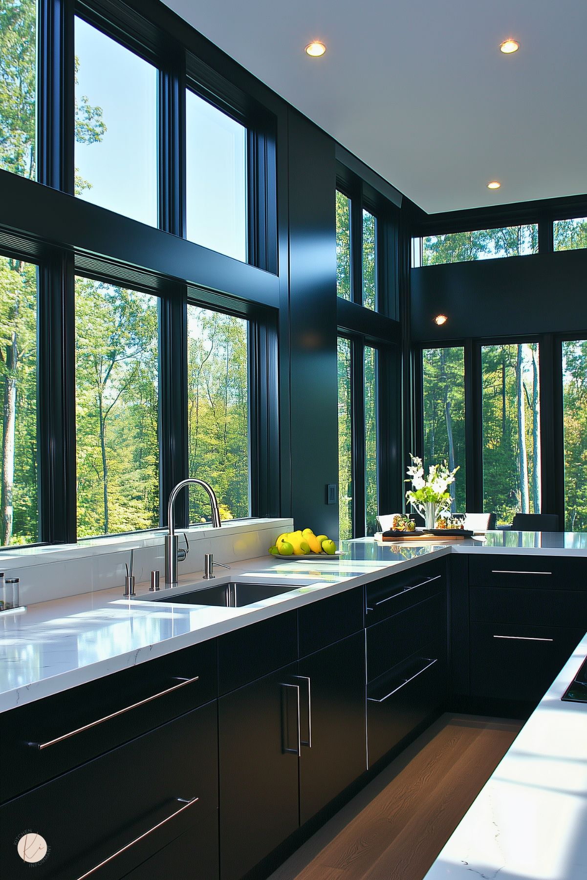 A modern kitchen featuring sleek black cabinetry and white marble countertops with a polished chrome faucet. Floor-to-ceiling windows with black frames provide expansive views of a lush forest, flooding the space with natural light. A bowl of fresh yellow lemons adds a pop of color, and a floral arrangement on the counter enhances the airy, serene atmosphere. Recessed lighting complements the minimalist, nature-inspired design.