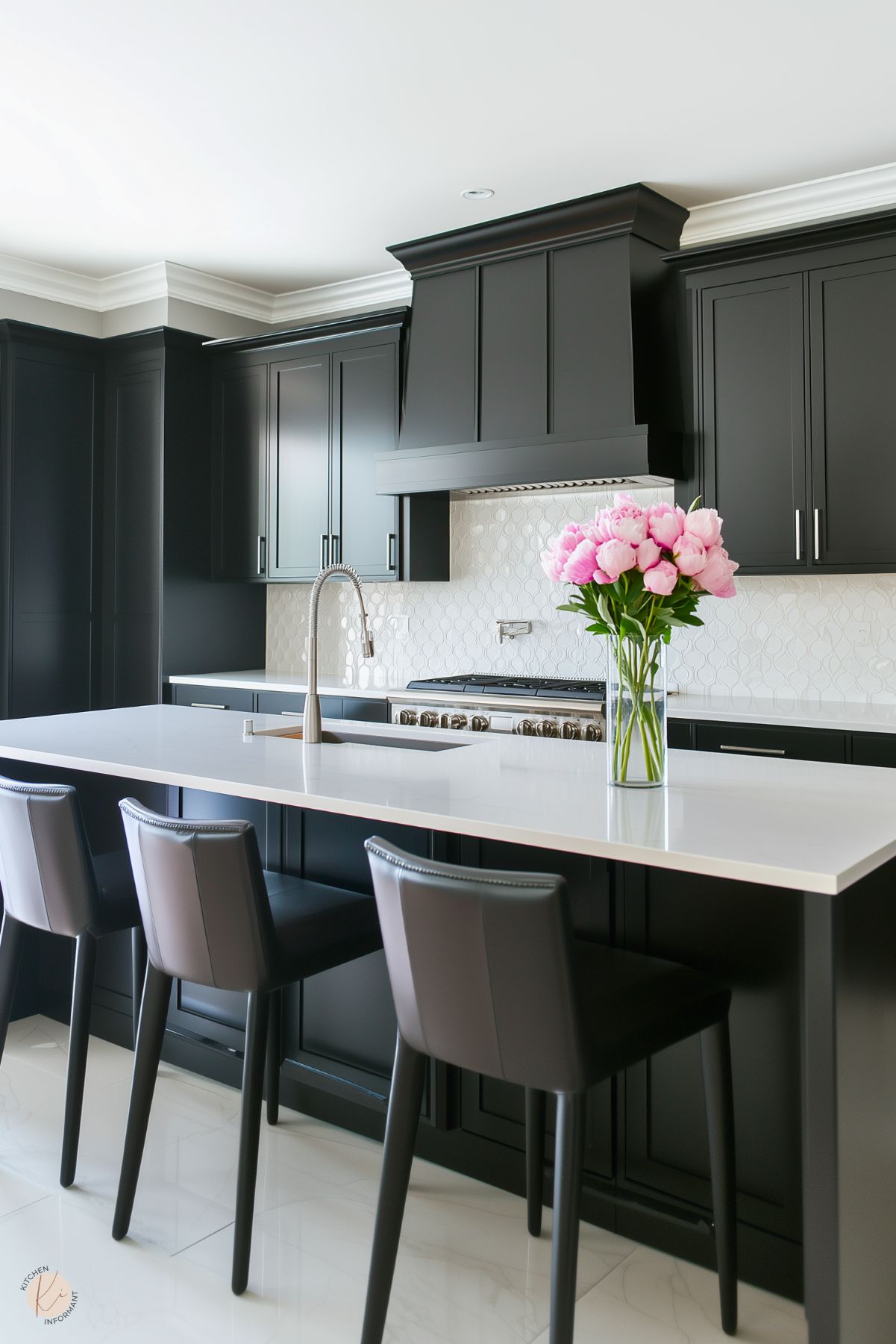 A modern kitchen with sleek black cabinets, a matching black range hood, and white countertops. The backsplash features a textured white geometric tile design. A large island includes a built-in sink with a chrome faucet and is paired with four black leather chairs. A vase of pink flowers adds a pop of color to the clean, minimalist space.