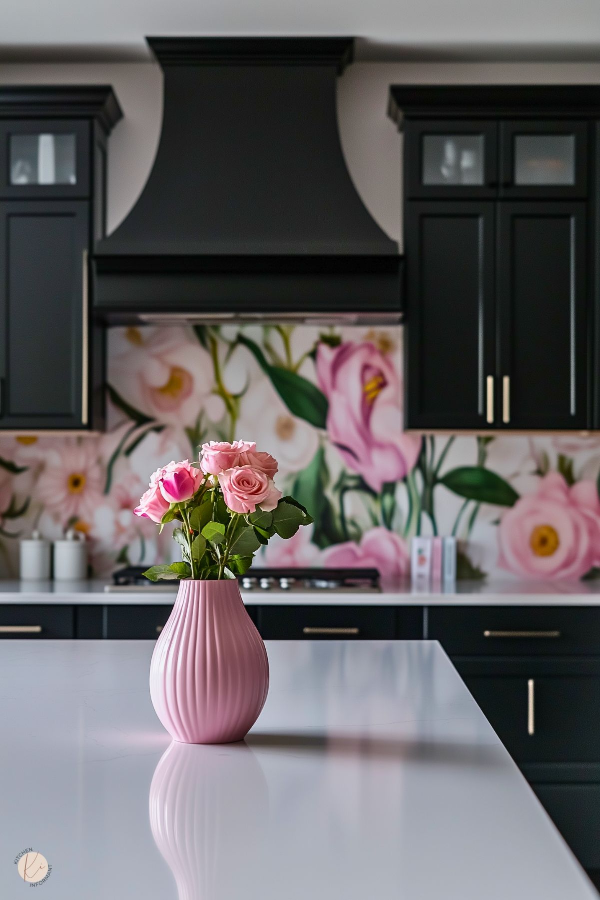 A chic kitchen with black cabinetry, a matching range hood, and a stunning floral backsplash featuring large pink and white flowers. The centerpiece is a light pink vase with fresh pink roses, placed on a sleek white countertop. The gold hardware on the cabinets adds a touch of elegance, while the soft floral design brings warmth and charm to the modern space.