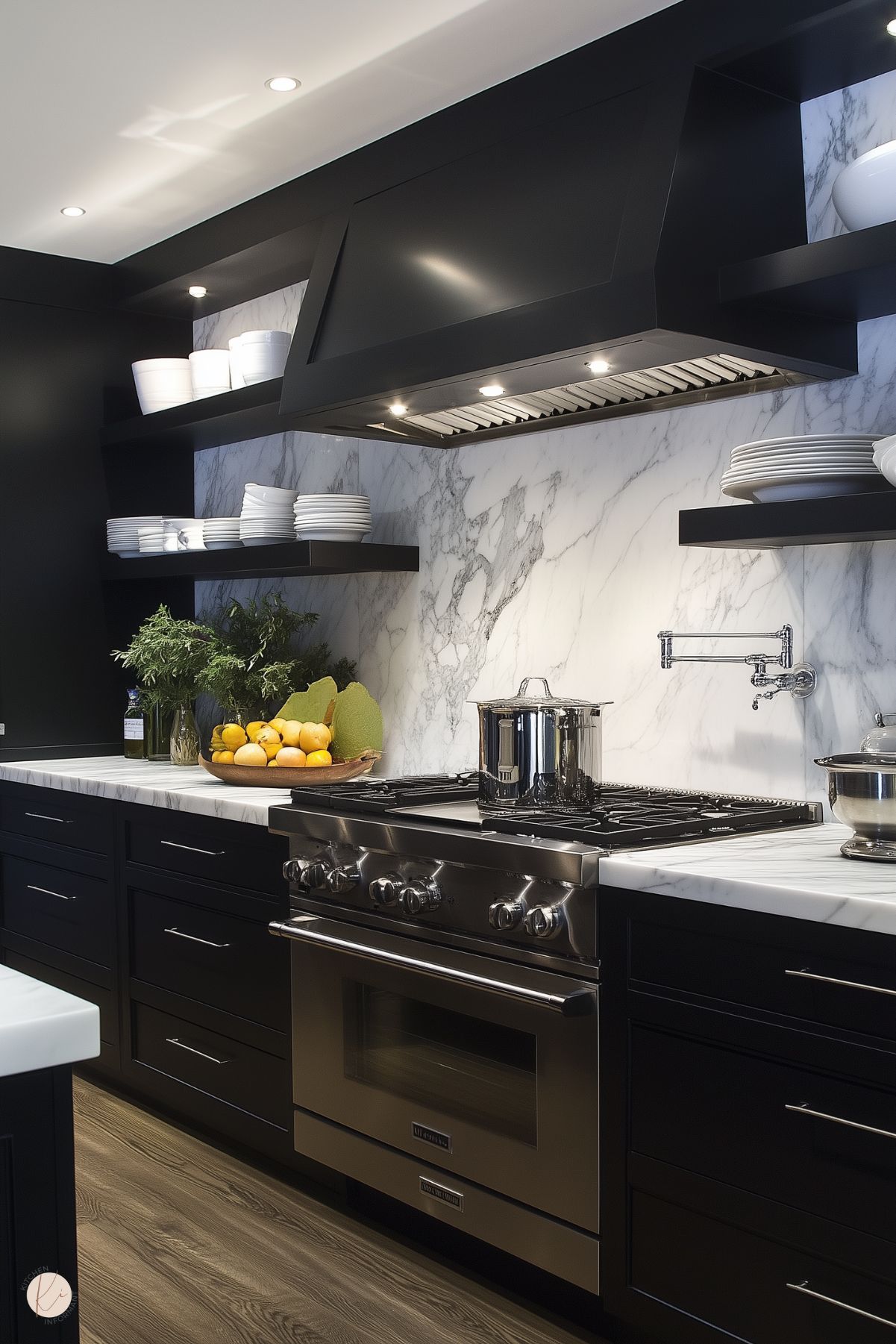 A sleek kitchen featuring black cabinetry, a stainless steel range, and a dramatic white marble backsplash with gray veining. Open black shelves display white dishes, creating a clean contrast. A modern black range hood blends seamlessly with the design. The countertop showcases a bowl of fresh lemons and greenery, adding a touch of natural vibrancy. The space is illuminated by recessed lighting, highlighting its contemporary elegance.