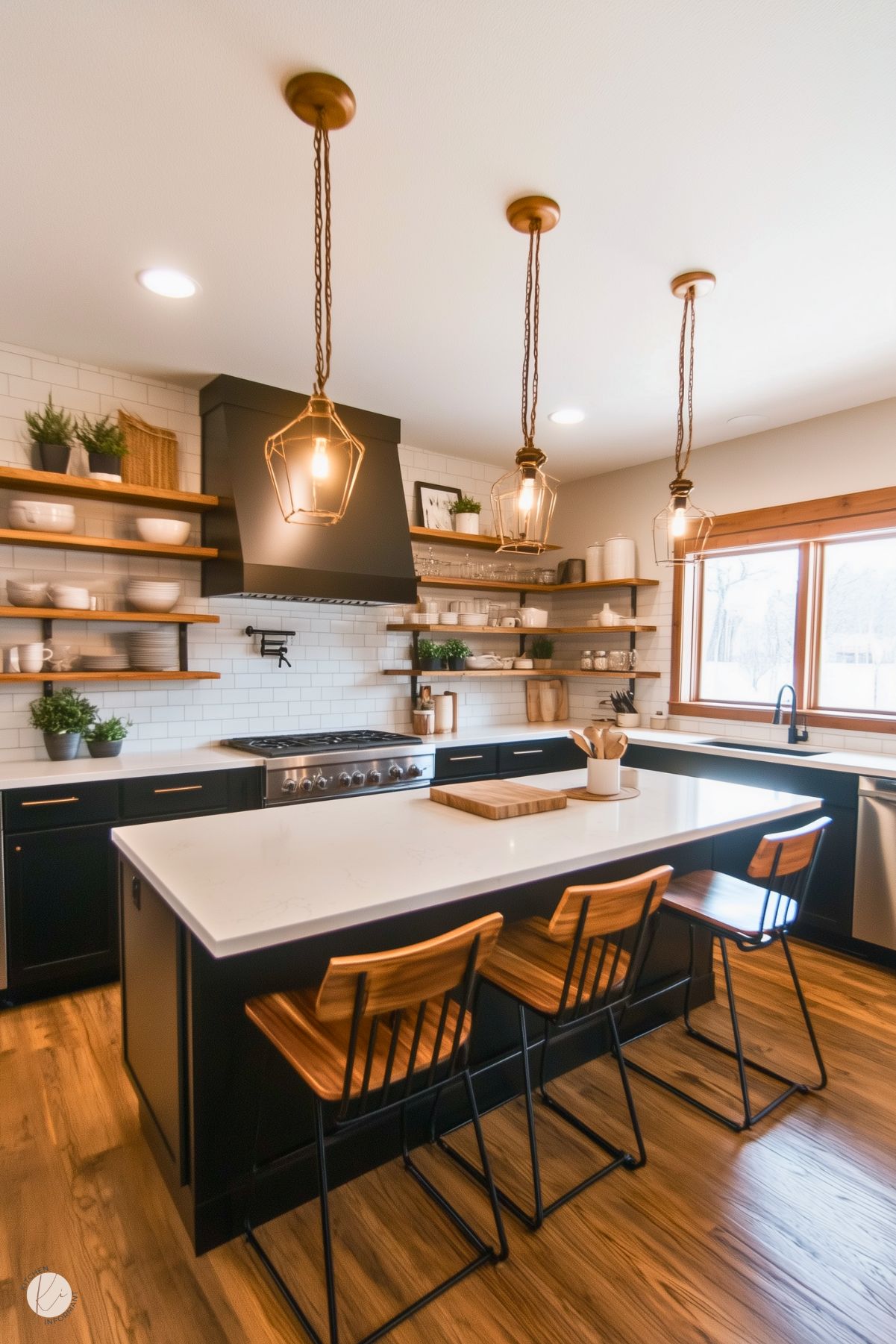 A modern farmhouse-style kitchen with black lower cabinets, white countertops, and open wooden shelves on a white subway tile backsplash. A matte black range hood complements the design, and natural wood tones are echoed in the stools with metal frames and the hardwood floors. Three pendant lights with cage-style shades hang above the island, adding warmth and charm. A large window provides ample natural light.