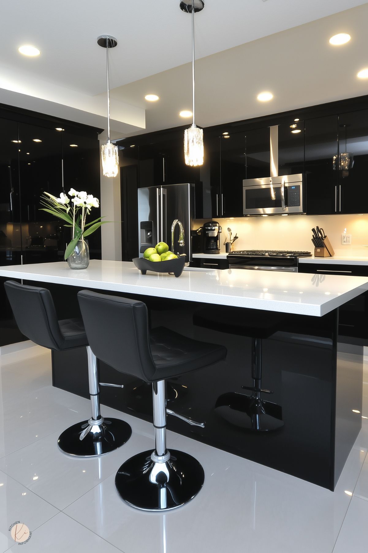 A sleek, modern kitchen with high-gloss black cabinetry and stainless steel appliances. A large island with a crisp white countertop serves as the centerpiece, paired with black leather bar stools with chrome bases. Above the island, pendant lights with textured glass shades add a touch of elegance. A vase with white orchids and a black bowl of green apples bring subtle natural accents to the clean and polished space. Bright recessed lighting enhances the glossy surfaces.