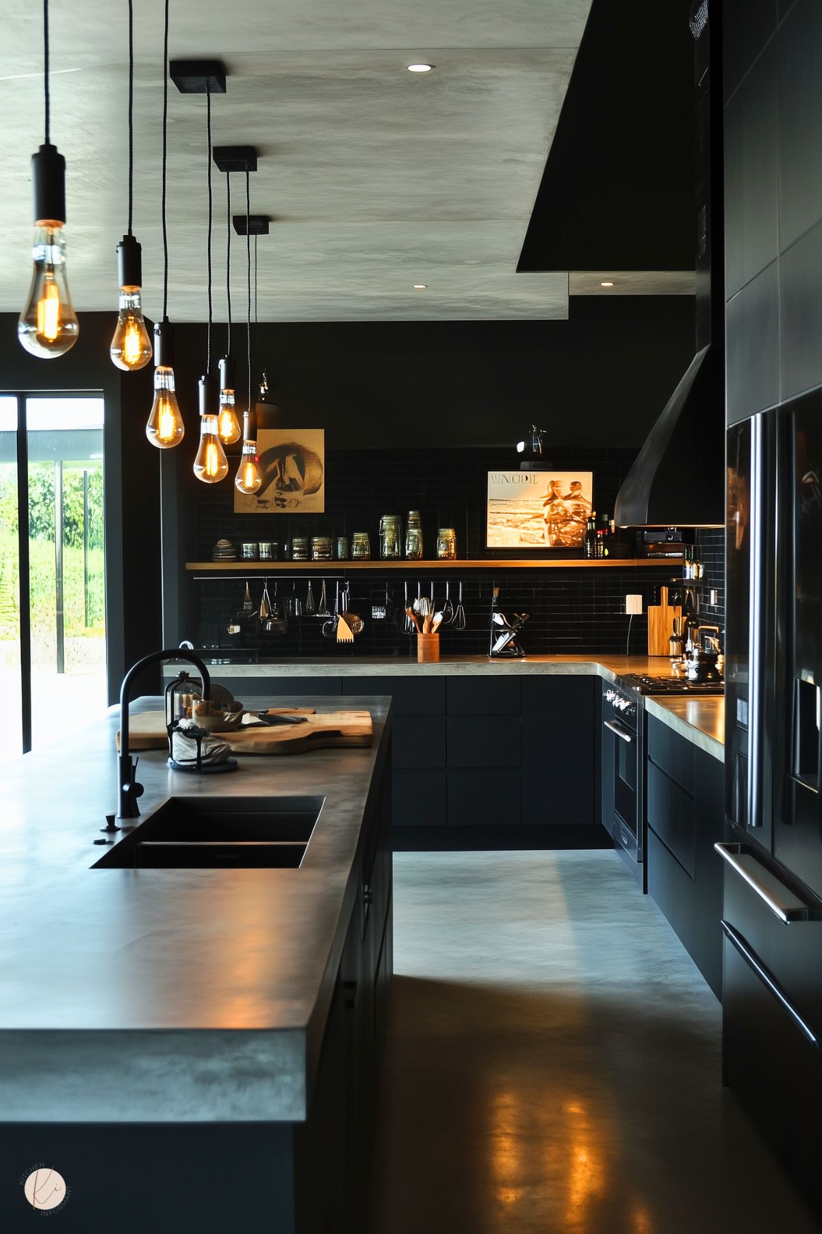 A moody, industrial-style kitchen with matte black cabinetry, concrete countertops, and open shelving displaying jars and utensils. The dark backsplash enhances the dramatic atmosphere, while hanging Edison bulb pendant lights add a warm glow. A large island features a deep black sink and modern fixtures. Natural light streams in through sliding glass doors, contrasting beautifully with the kitchen's bold and minimalist design.