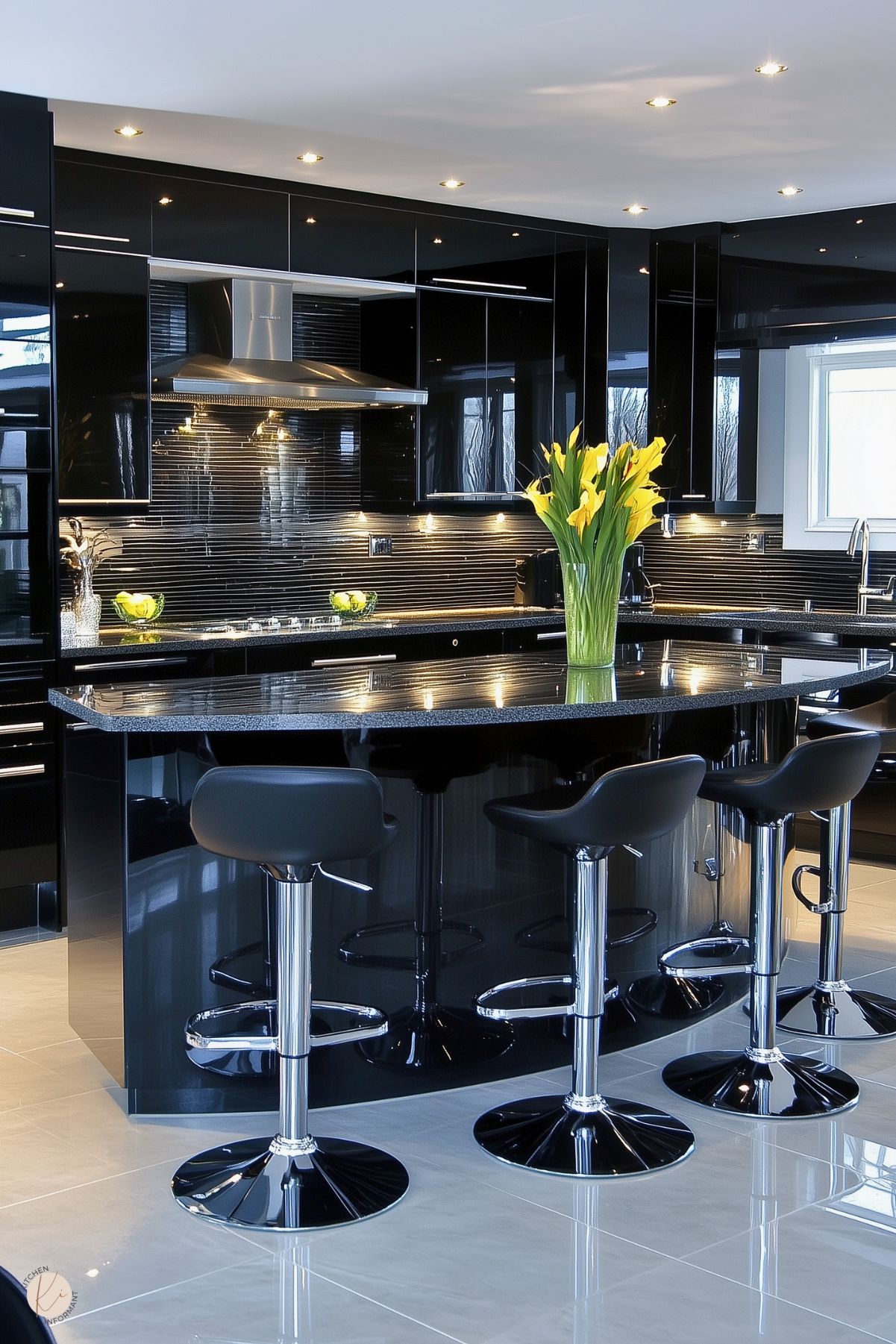 A luxurious kitchen with high-gloss black cabinetry, a matching island, and polished black countertops. The sleek design is complemented by a striped black backsplash and a stainless steel range hood. Modern bar stools with chrome bases and black seats line the island. Bright yellow flowers in a vase provide a vibrant contrast, and recessed ceiling lights enhance the glossy surfaces. The room is illuminated by a large window.