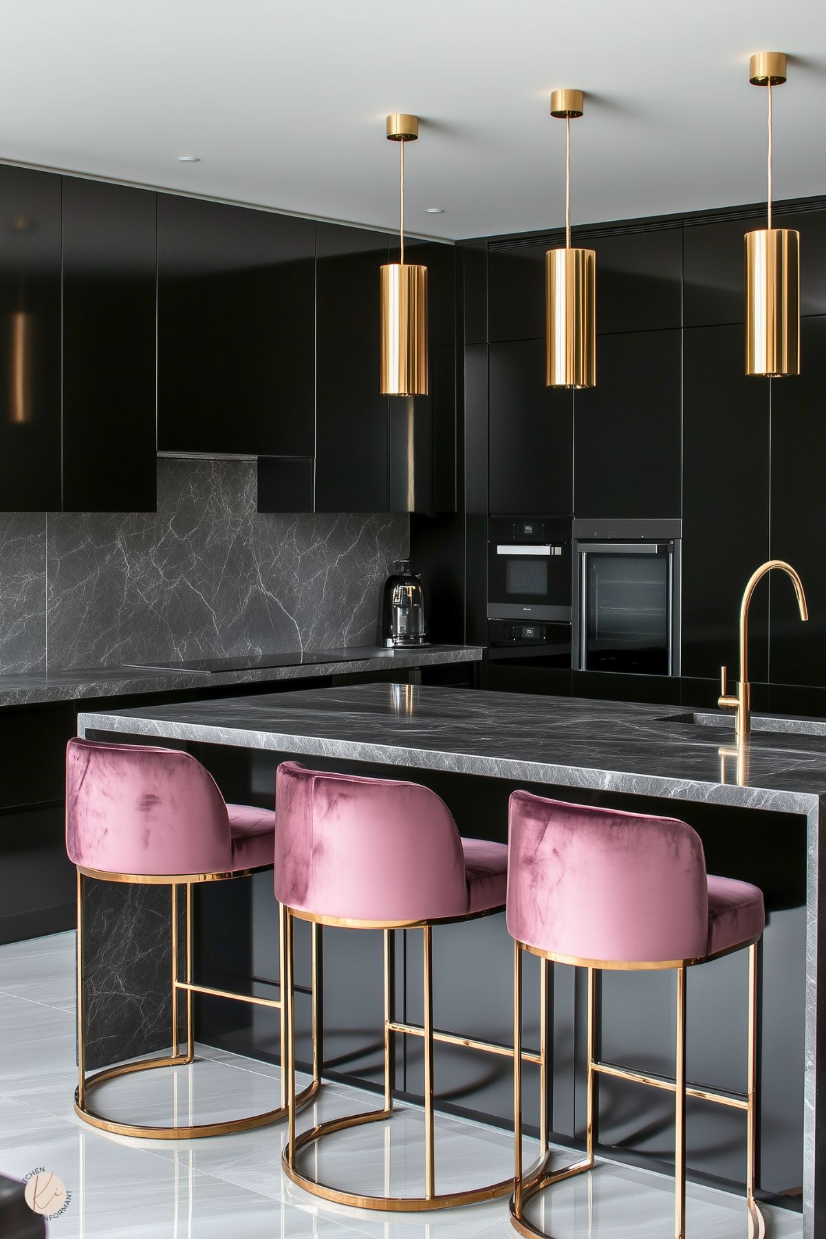 A sleek modern kitchen featuring matte black cabinetry, a dark marble backsplash, and matching countertops. Gold cylindrical pendant lights hang above the island, adding a luxurious touch. The island is paired with plush blush pink velvet stools, accented with gold frames, creating a striking contrast against the black and marble tones. A gold faucet enhances the elegance of the minimalist design.