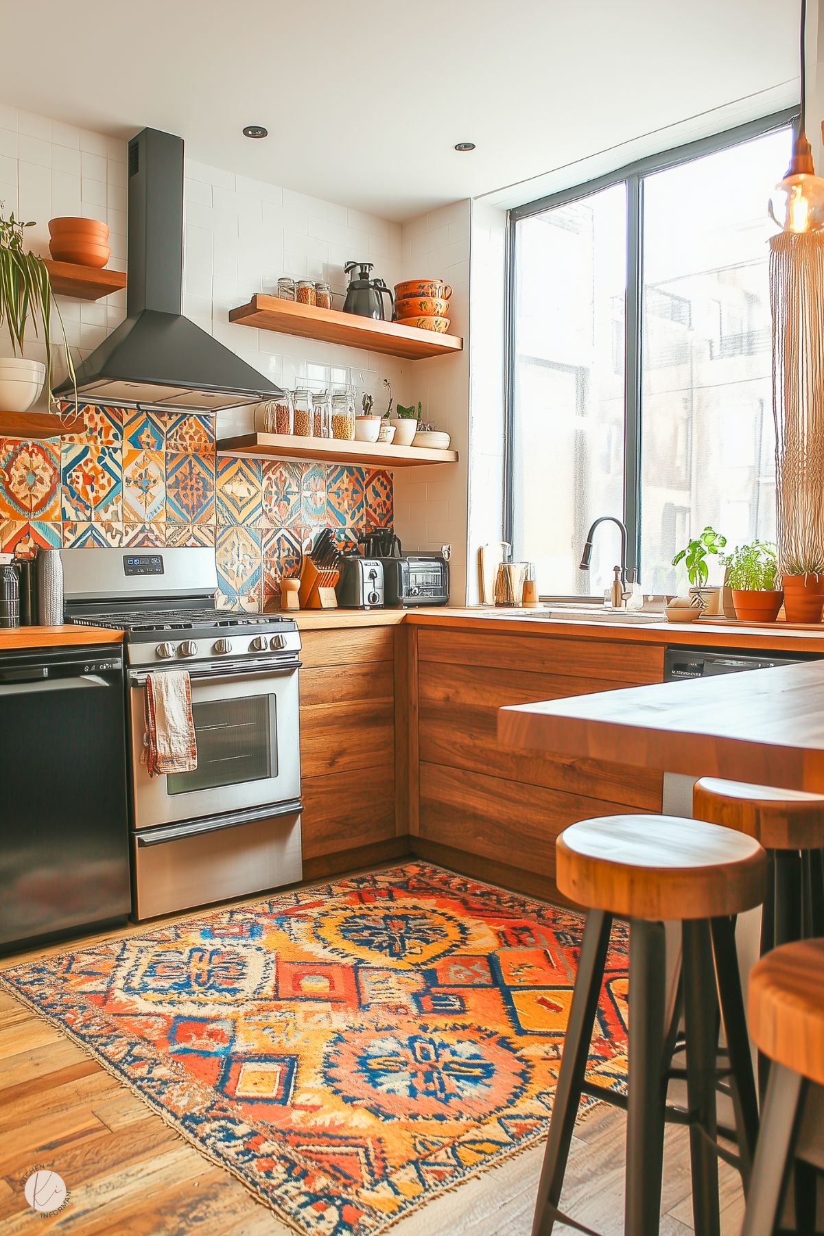 A warm and inviting kitchen with a modern boho style. Features include wood cabinetry, a colorful patterned tile backsplash, open wood shelving displaying dishes and jars, and a large window letting in natural light. The space is accented by a bold orange and blue patterned rug, potted plants, and industrial-style bar stools.