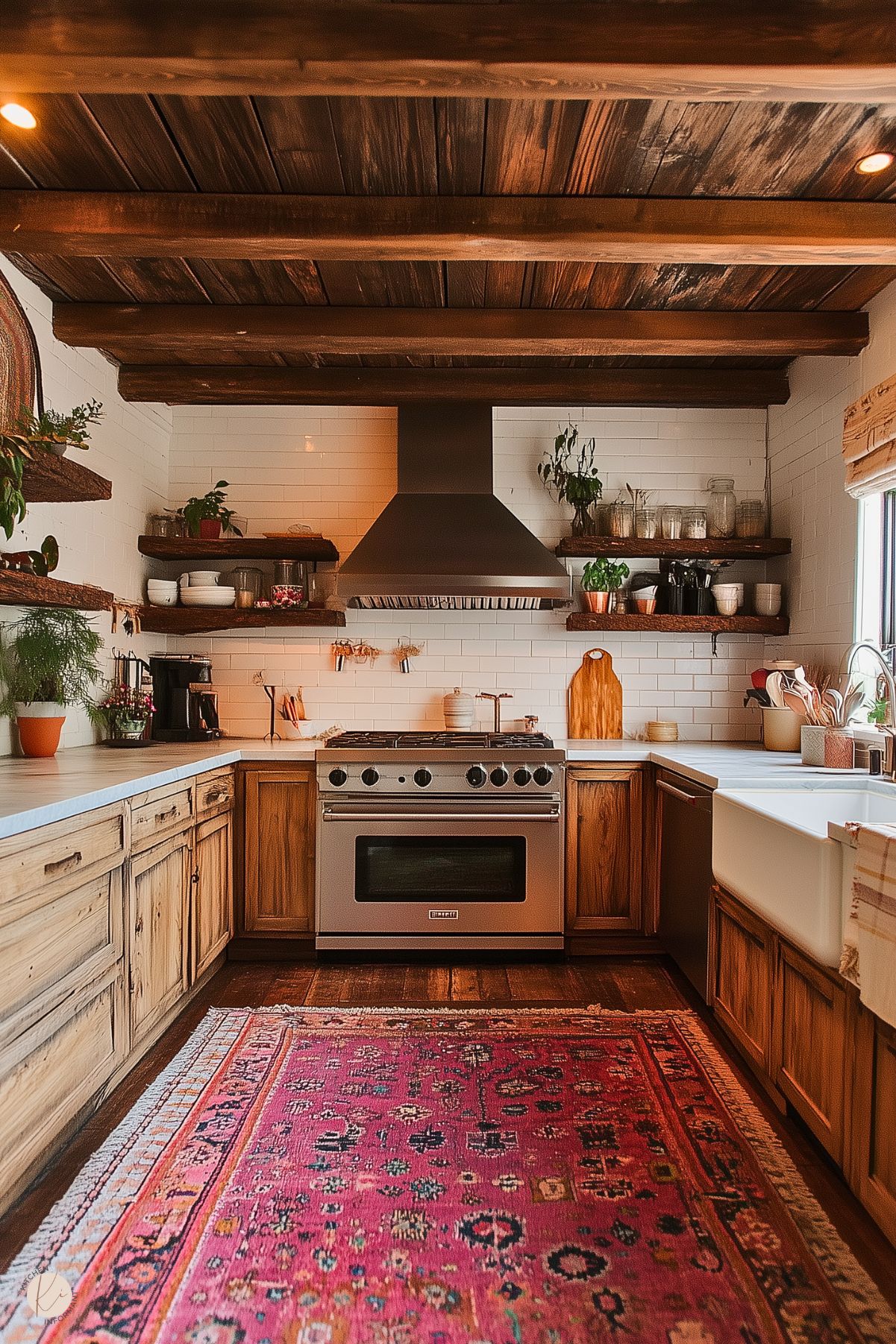 A cozy kitchen with rustic charm, featuring natural wood cabinetry and exposed wooden ceiling beams. The space is complemented by a white subway tile backsplash, open wood shelving displaying plants and kitchen essentials, and a farmhouse-style sink. A bold magenta and orange patterned rug adds warmth and vibrancy, while a stainless steel range and hood offer a modern touch.