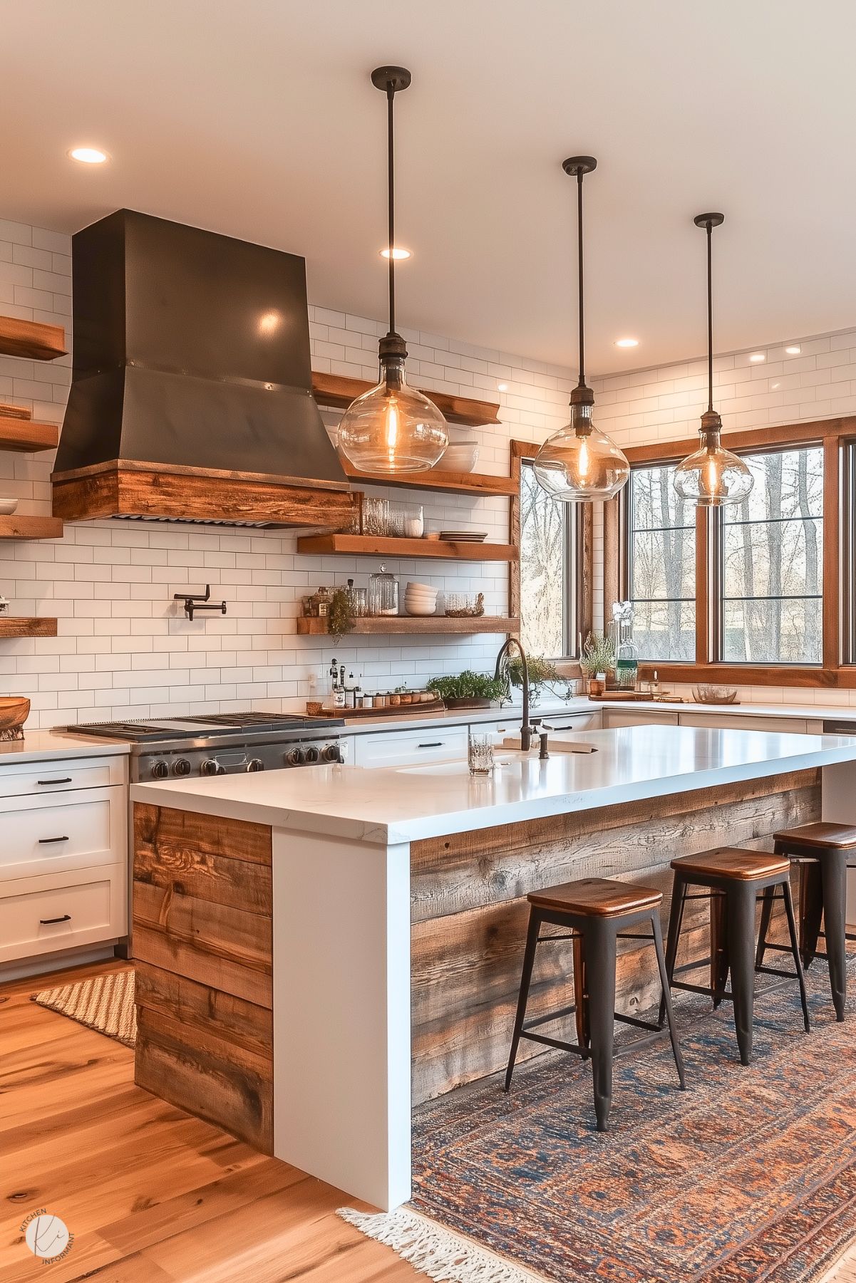 A modern rustic kitchen featuring a large island with reclaimed wood paneling and a white quartz countertop. The space includes white cabinetry, open wood shelving, and a subway tile backsplash. A matte black range hood adds contrast, while glass pendant lights provide a warm glow. Large windows bring in natural light, and a vintage-style rug and industrial bar stools enhance the cozy, inviting atmosphere.