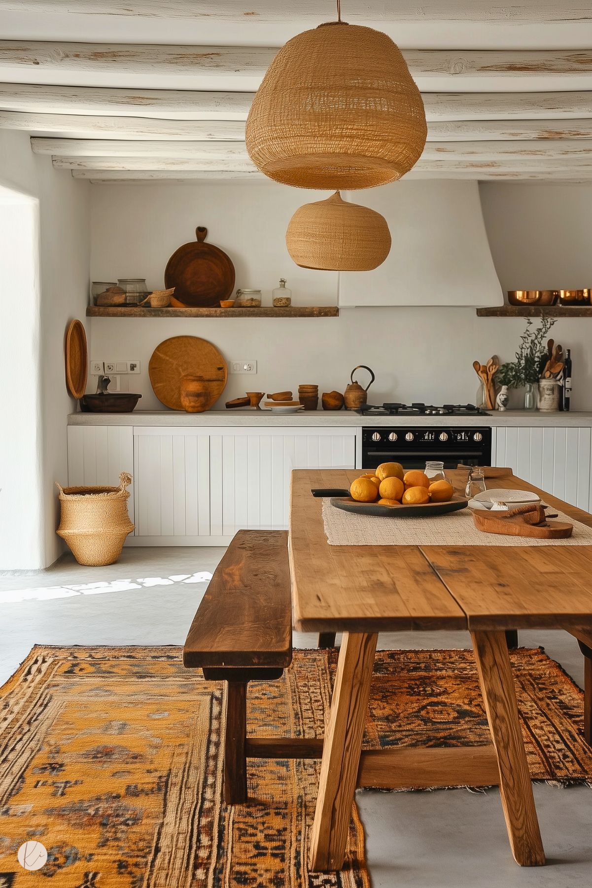 A minimalist rustic kitchen with a boho touch, featuring natural wood elements and a serene, earthy palette. The space includes white cabinetry with vertical paneling, open wooden shelves displaying bowls and jars, and a plaster range hood. A large wooden dining table with matching benches sits on a warm, patterned vintage rug. Woven pendant lights and a wicker basket add texture, creating a cozy and inviting ambiance.