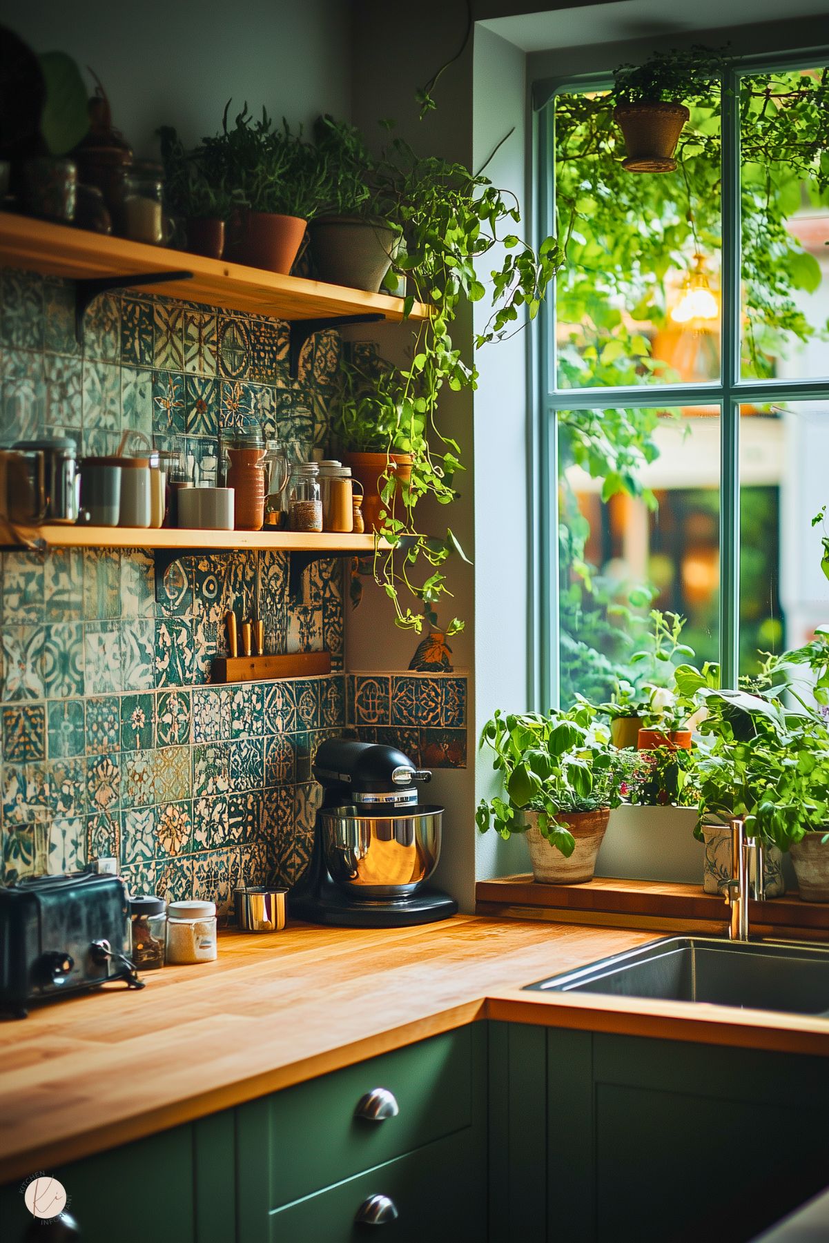 A cozy kitchen corner with a lush, plant-filled aesthetic. Features include dark green cabinetry, a butcher block countertop, and a vibrant patterned tile backsplash. Wooden open shelves hold jars, cookware, and additional plants, while a large window frames an abundance of greenery, letting in natural light. A stand mixer and toaster add functionality to this inviting, nature-inspired space.