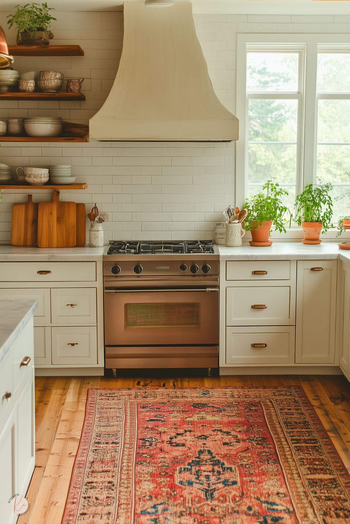 A cozy and inviting kitchen with a warm, rustic boho style. The design features cream cabinetry with brass hardware, open wooden shelves displaying ceramics, and a textured white brick backsplash. A large plaster range hood adds a traditional touch, while potted herbs by the window bring in natural greenery. A soft vintage-style red rug adds warmth and character to the space, complementing the natural wood flooring.