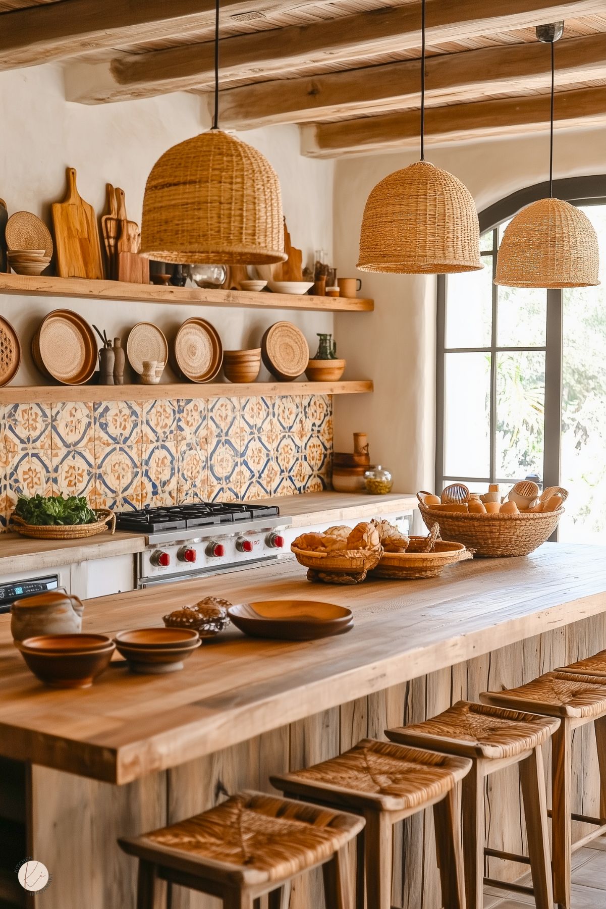 A rustic boho kitchen with a warm and earthy design. The space features natural wood cabinetry, open shelves displaying ceramic dishes and wooden cutting boards, and a decorative tile backsplash. The large island with a wooden countertop is paired with woven stools and baskets. Wicker pendant lights hang from the exposed wood beam ceiling, while an arched window brings in natural light, enhancing the cozy ambiance.