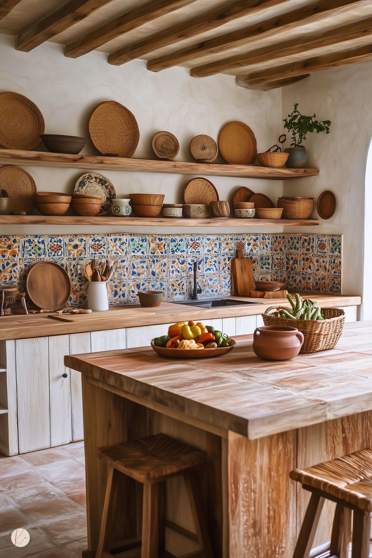 A rustic boho kitchen with a natural, earthy aesthetic. It features open wooden shelves displaying a collection of bowls, baskets, and ceramics. The colorful, hand-painted tile backsplash adds a vibrant touch, complementing the warm tones of the wooden countertops and island. Exposed wood beams on the ceiling enhance the cozy atmosphere, while woven stools and fresh produce complete the inviting look.