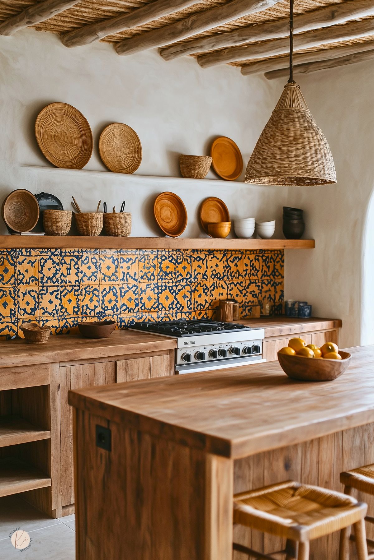 A rustic boho kitchen with warm tones and natural textures. It features wooden cabinetry and an island with woven stools, complemented by a striking orange and blue patterned tile backsplash. Open wooden shelves display baskets, ceramic bowls, and plates, while a woven pendant light enhances the earthy aesthetic. Exposed wood beams and a neutral plaster wall add to the cozy and inviting ambiance.