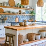 A charming boho-inspired kitchen featuring a large island with a butcher block countertop, open shelving adorned with neutral ceramics and woven accents, and a striking blue patterned tile backsplash. Wicker pendant lights and baskets add texture, while a warm-toned wood floor and vibrant blue and orange rug enhance the cozy, inviting atmosphere. Large windows fill the space with natural light.