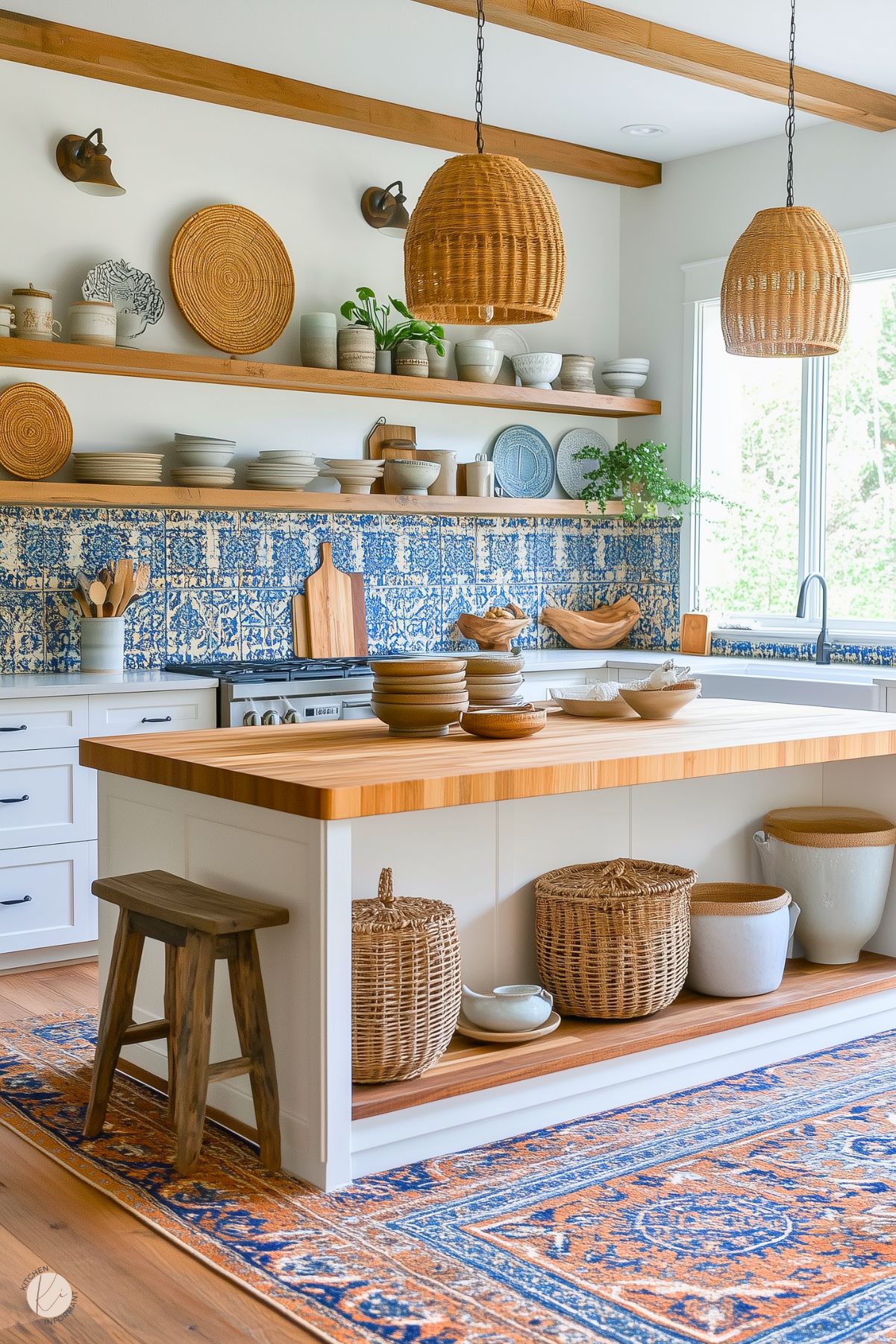 A charming boho-inspired kitchen featuring a large island with a butcher block countertop, open shelving adorned with neutral ceramics and woven accents, and a striking blue patterned tile backsplash. Wicker pendant lights and baskets add texture, while a warm-toned wood floor and vibrant blue and orange rug enhance the cozy, inviting atmosphere. Large windows fill the space with natural light.