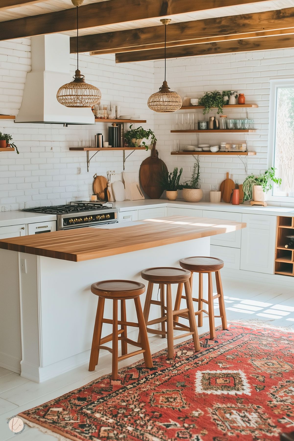 A bright and airy boho kitchen featuring white cabinetry and a butcher block countertop on a large central island. The design includes open wooden shelves displaying glassware, plants, and kitchen decor against a white brick backsplash. Exposed wooden beams and woven pendant lights add warmth and texture, while a bold red vintage-style rug enhances the space with color. Three wooden stools and ample natural light complete the inviting atmosphere.